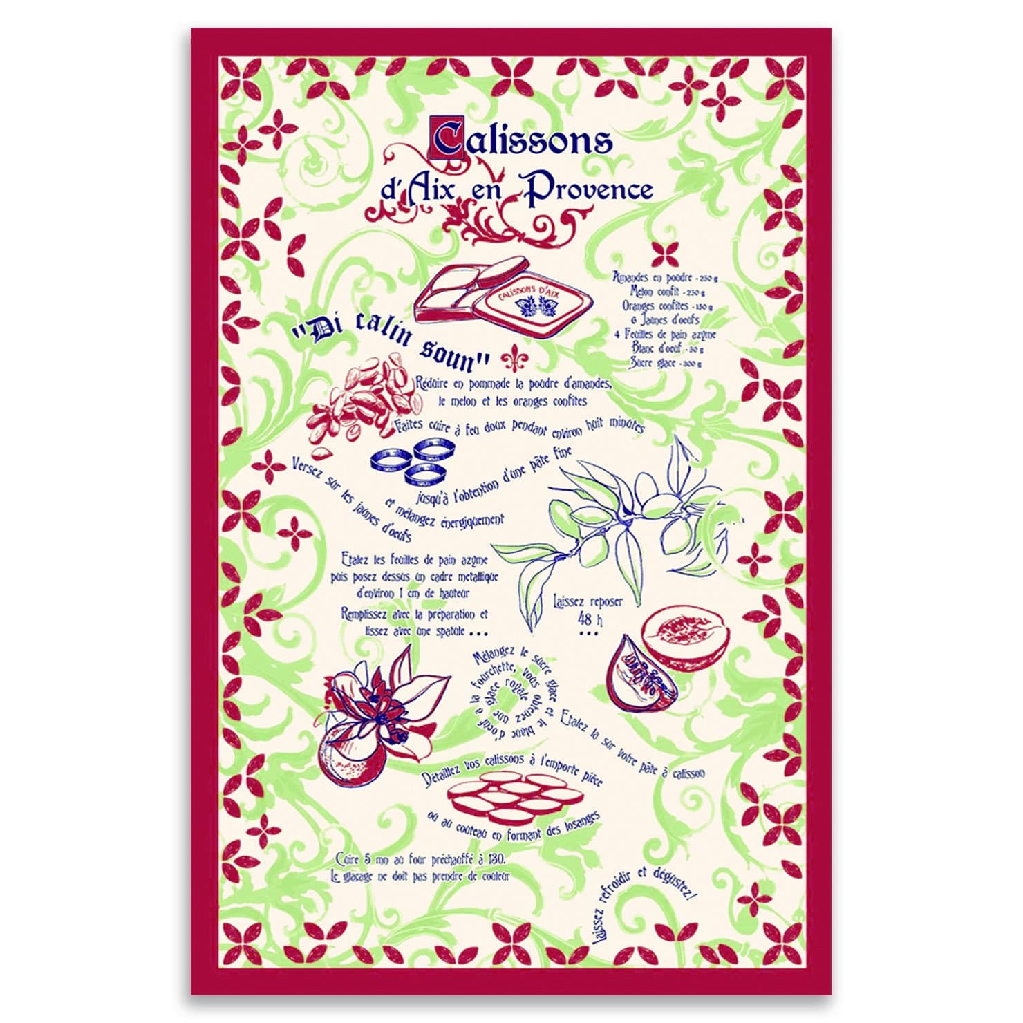 Torchons & Bouchons, Les Calissons d'Aix (Aix Calisson Candy Recipe) Printed Kitchen Tea Towel, 100% Cotton