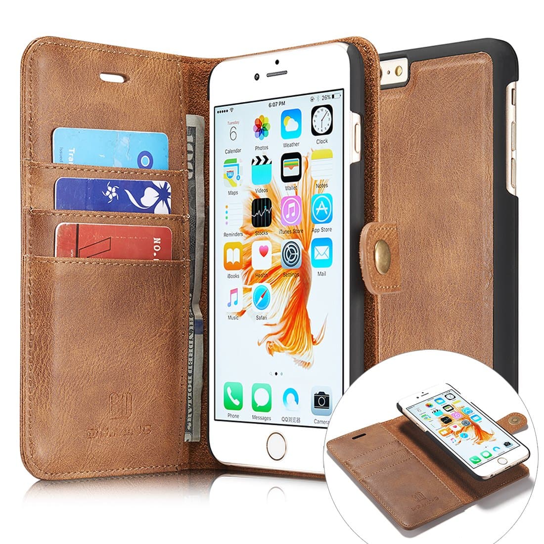 iPhone 6/6s Plus Case,Magnetic Detachable Wallet Case, [Genuine Leather][3 Card Slots][Business Style] Tripky Removable Vintage Wallet Case Cover with Card Holder for iPhone 6/6s Plus (Brown)