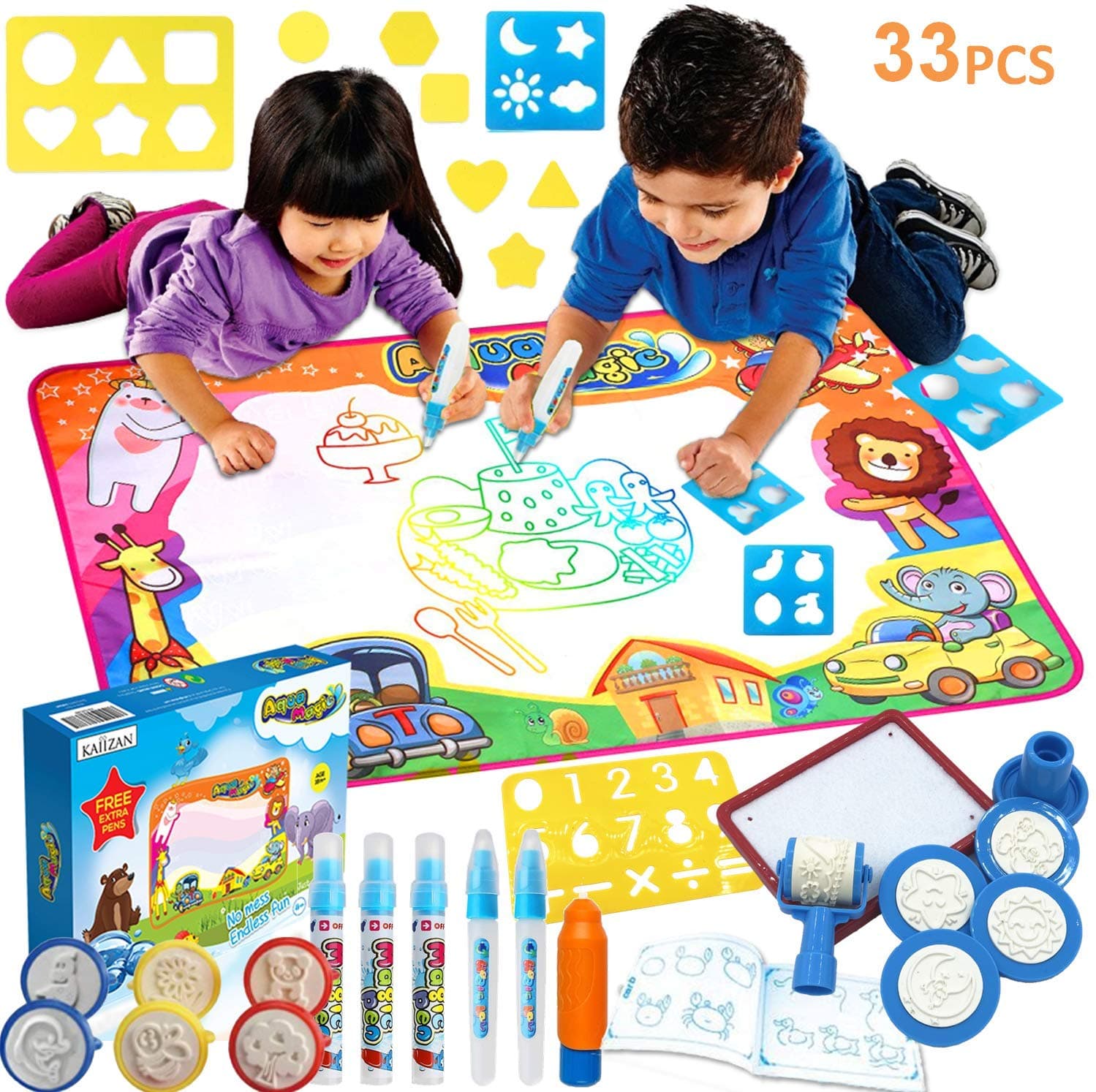 KAIIZAN Aqua Mat Extra Large - Aqua Magic Mat - Non-Toxic Drawing Water Mat - 33 Accessories - Water Pens, Drawing Booklet, Molds, Stamps – Water Mats for Toddlers