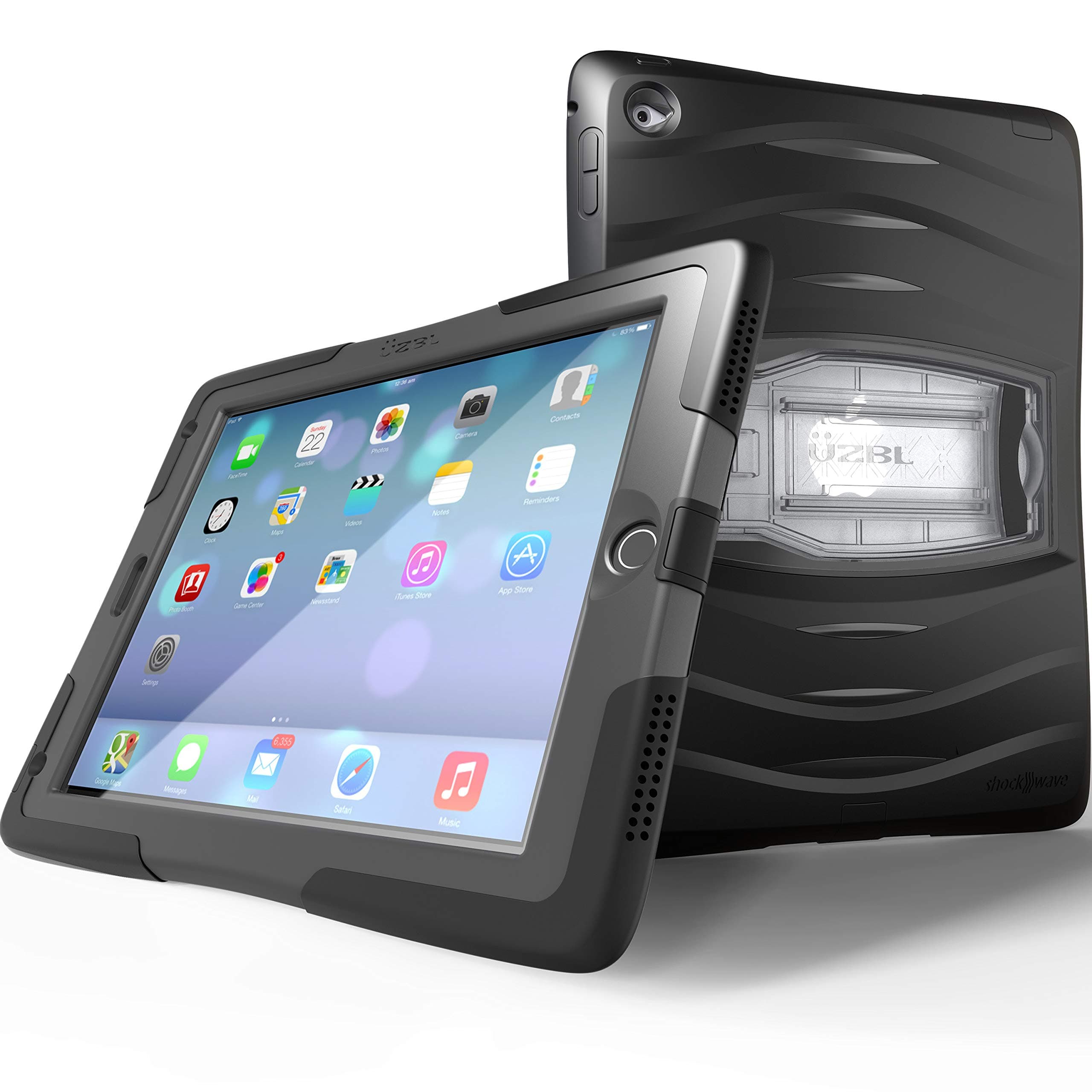 UZBL iPad Pro 9.7 and iPad Air 2 Case, Heavy Duty [Shockwave] Full-Body Rugged Protective Case with Built-in Screen Protector and Removable Stand, Black