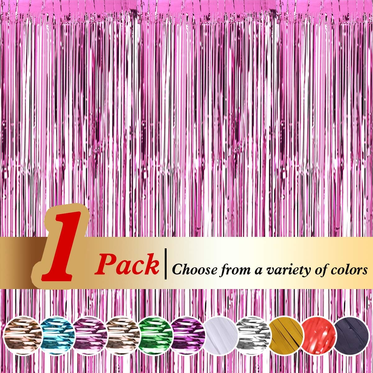 Ariceleo Pink Foil Tinsel Curtains, 1 Pack 3ft X 8ft Metallic Fringe Curtains Shimmer Photo Booth Backdrop Curtain for Birthday Wedding Party Christmas Decorations (Pink)