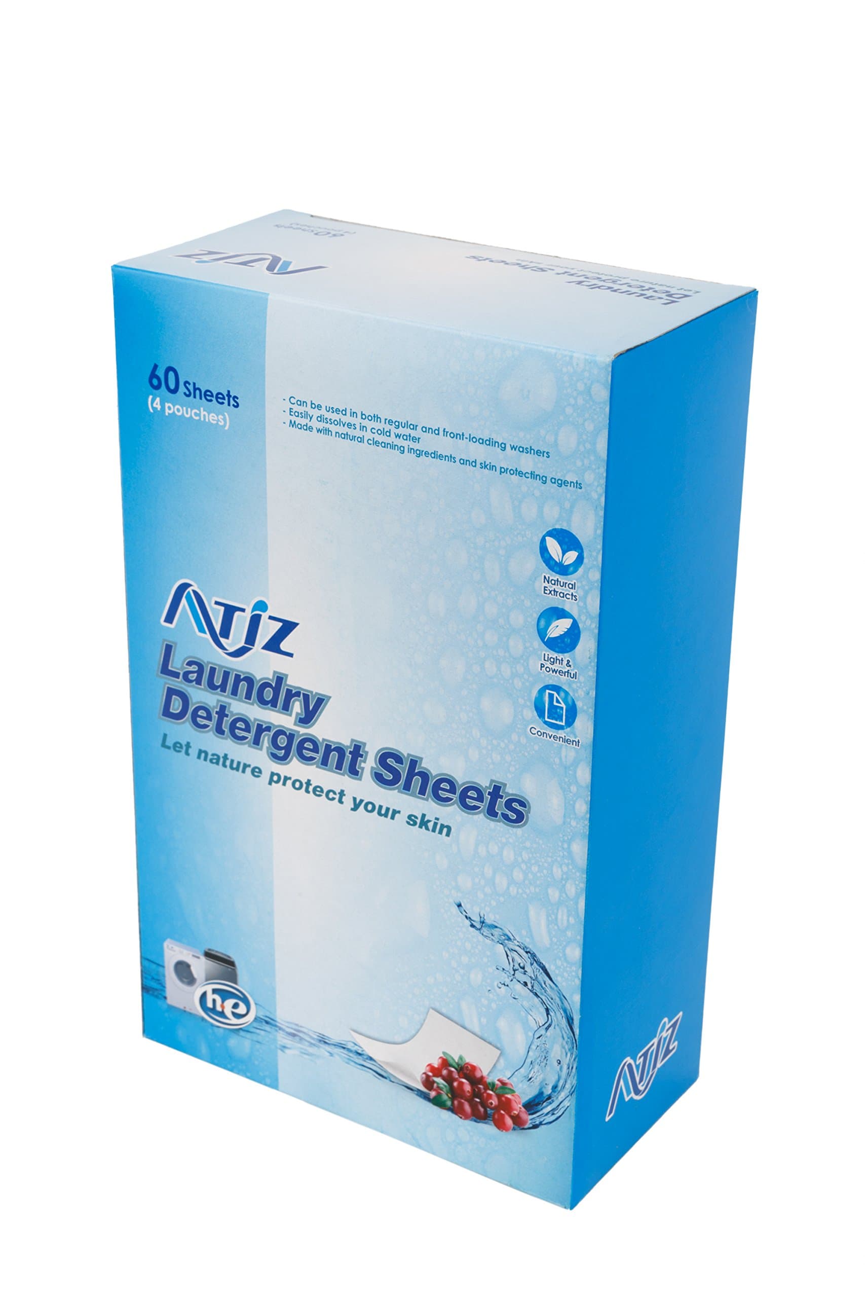 ATIZ Laundry Detergent Sheets 60 Count, Soapberry & Skin Protecting Agents, Eco Friendly, More Convenient Than Liquid or Pacs, Travel