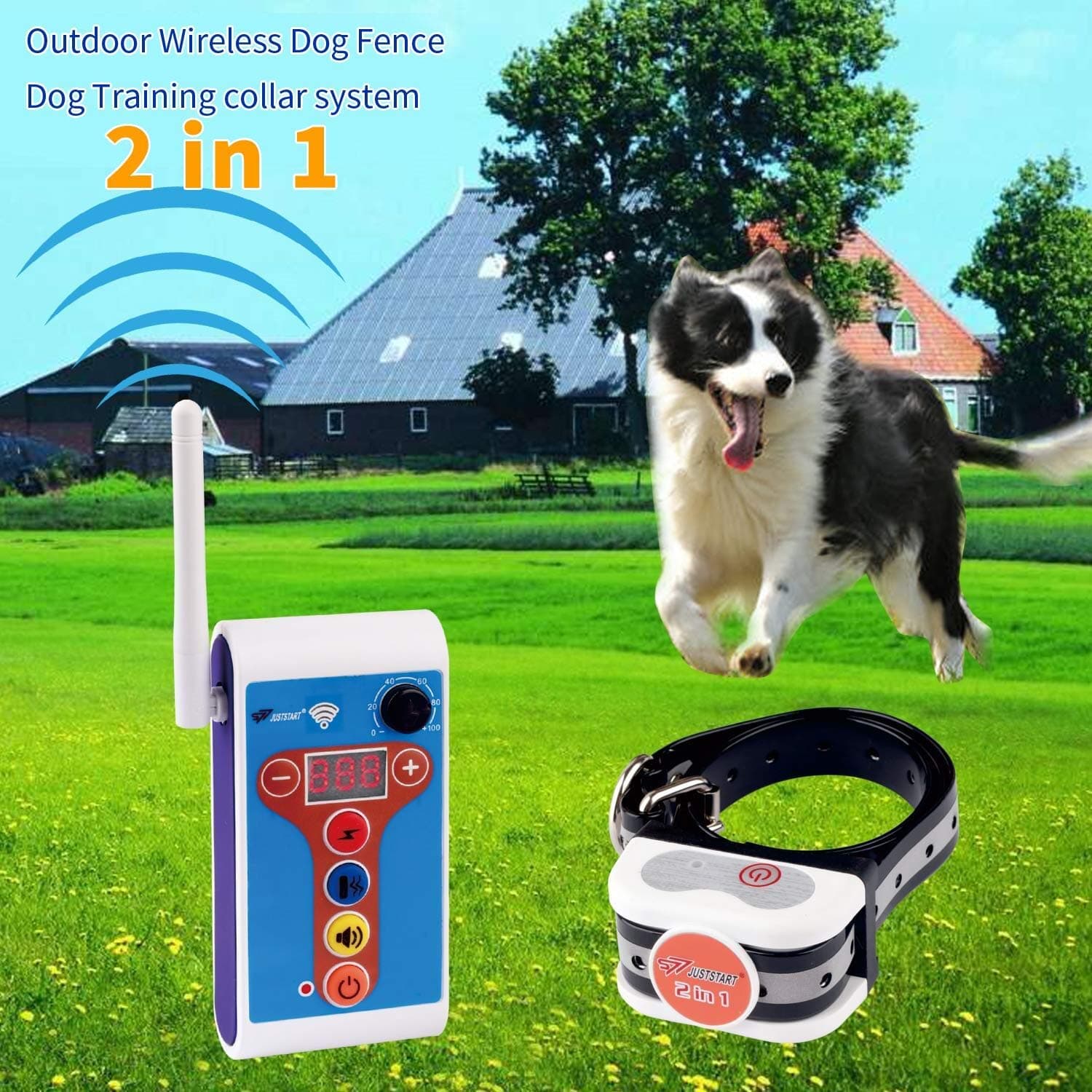 Wireless Dog Fence Training Collar 2 in 1 System, Safe Effective Dog Fence Adjustable Remote E-Collar, Rechargeable Waterproof Beep/Vibrate/Shock Collar (Wireless Dog Fence + Dog Training System)