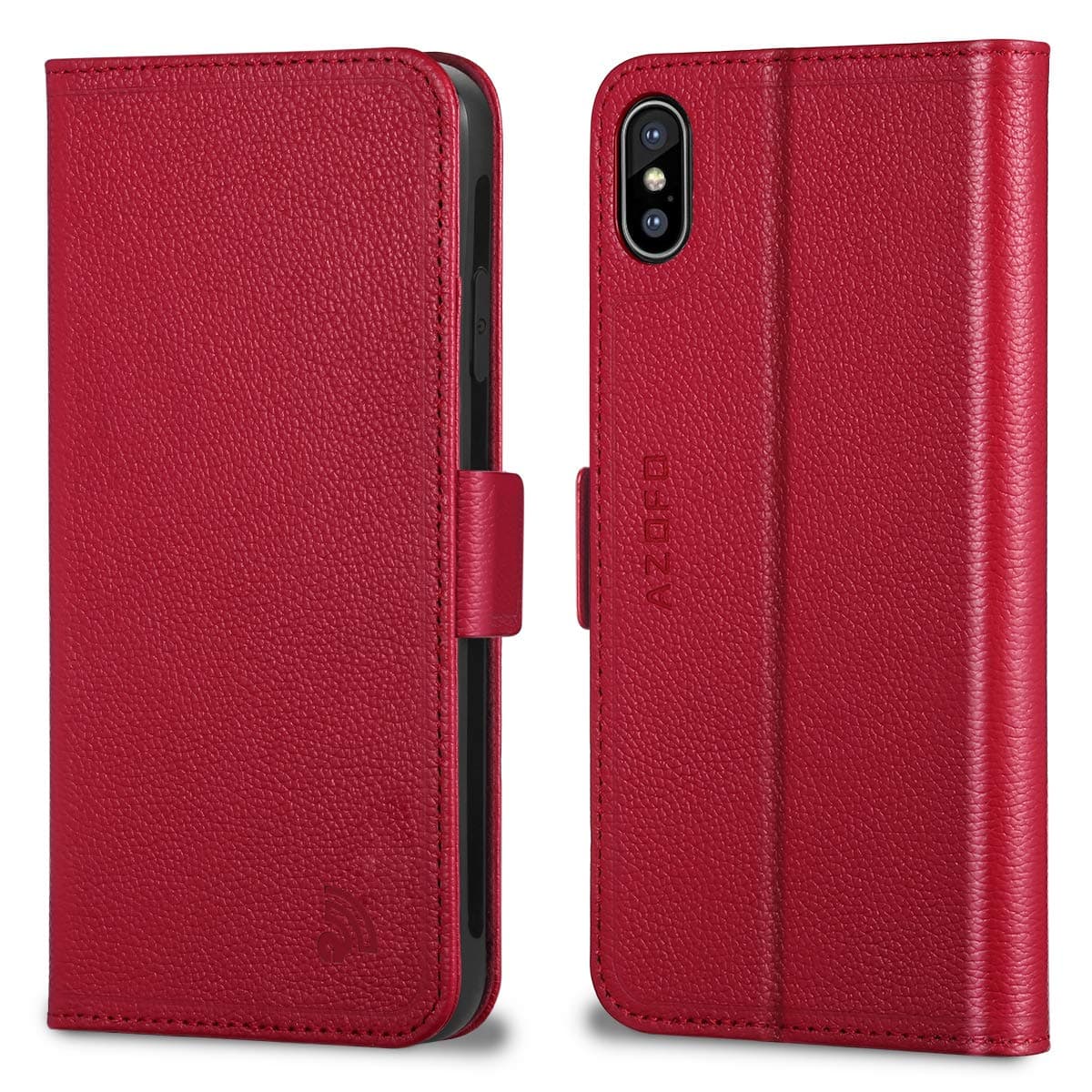 AZOFO iPhone Xs Max Wallet Case, iPhone Xs Max Case, Genuine Leather Case, Flip Cover Folio Book Style, Card Holder Slots, Magnetic Clousure, Cash Pockets Compatible iPhone Xs Max, Red