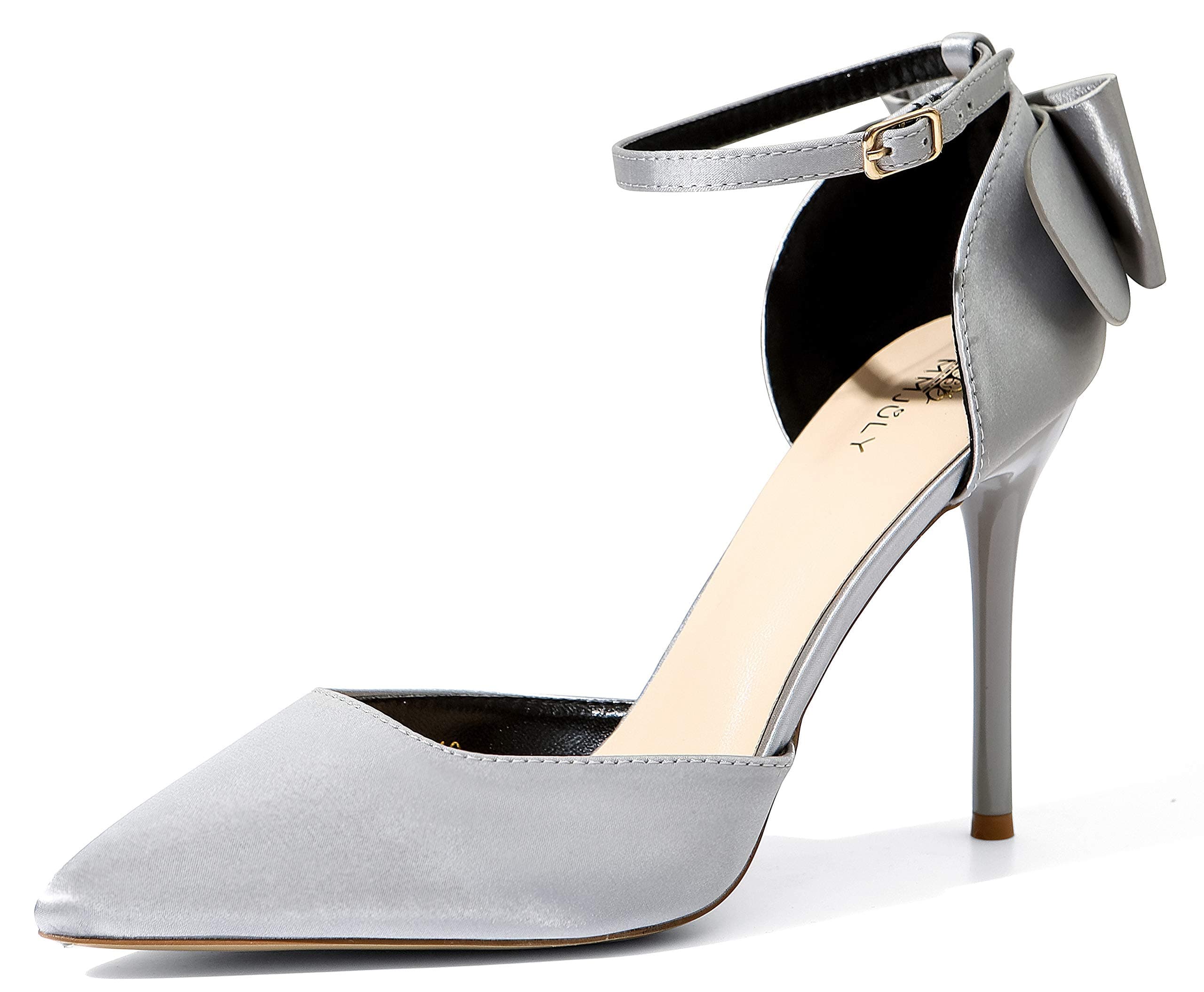 MMJULY Women's Pointed Toe Ankle Strap Bow Stiletto High Heel Satin Wedding Dress Pumps