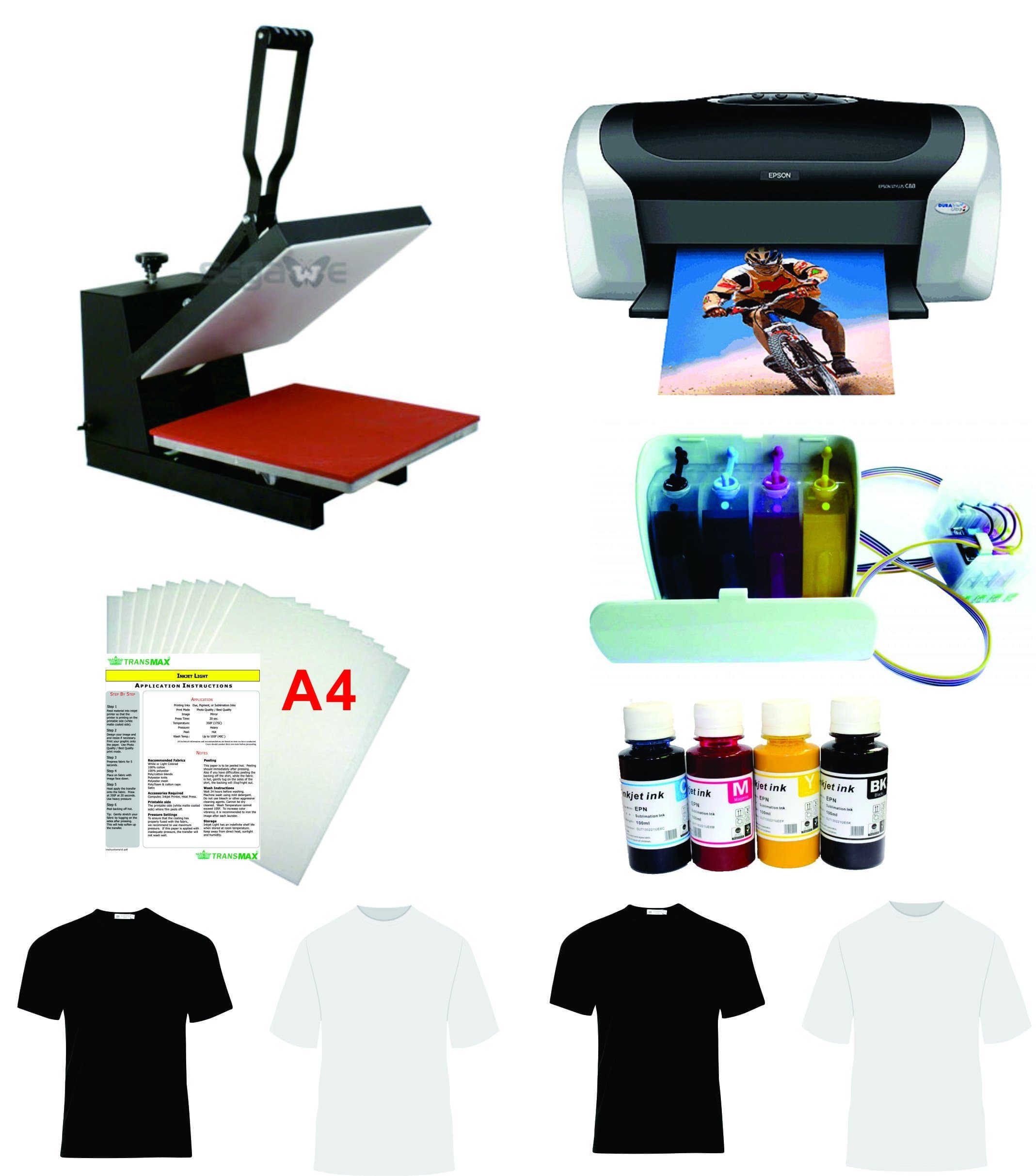 15x15" Flat Heat Press A4 Epson Printer Paper Ink CISS Start-up KIT T-shirts