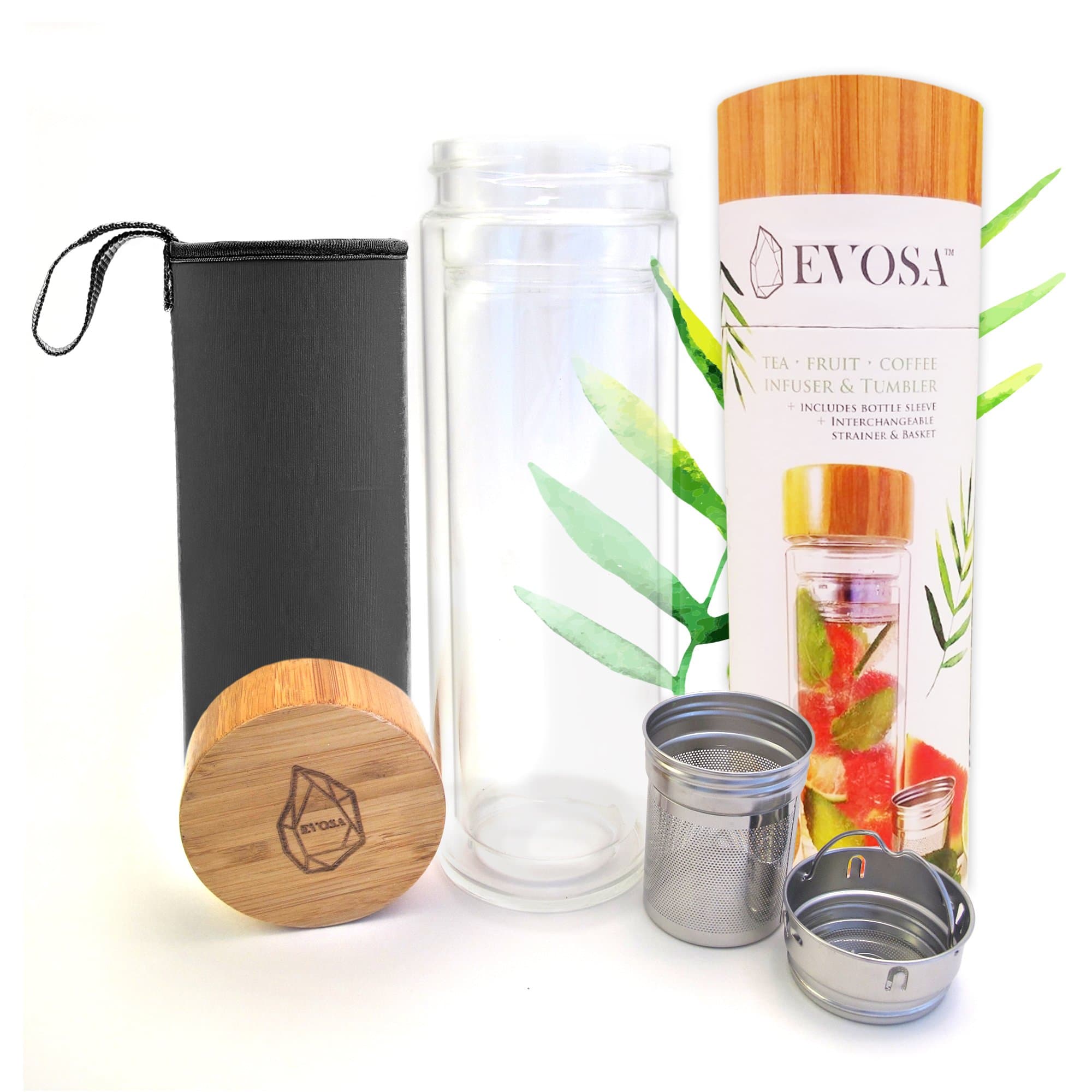 Evosa Hydrate Tea Tumbler, Fruit Infuser, & Coffee Maker with Dual Glass, Stainless Steel Filter/strainer, & Bamboo Lid - Sleeve Included