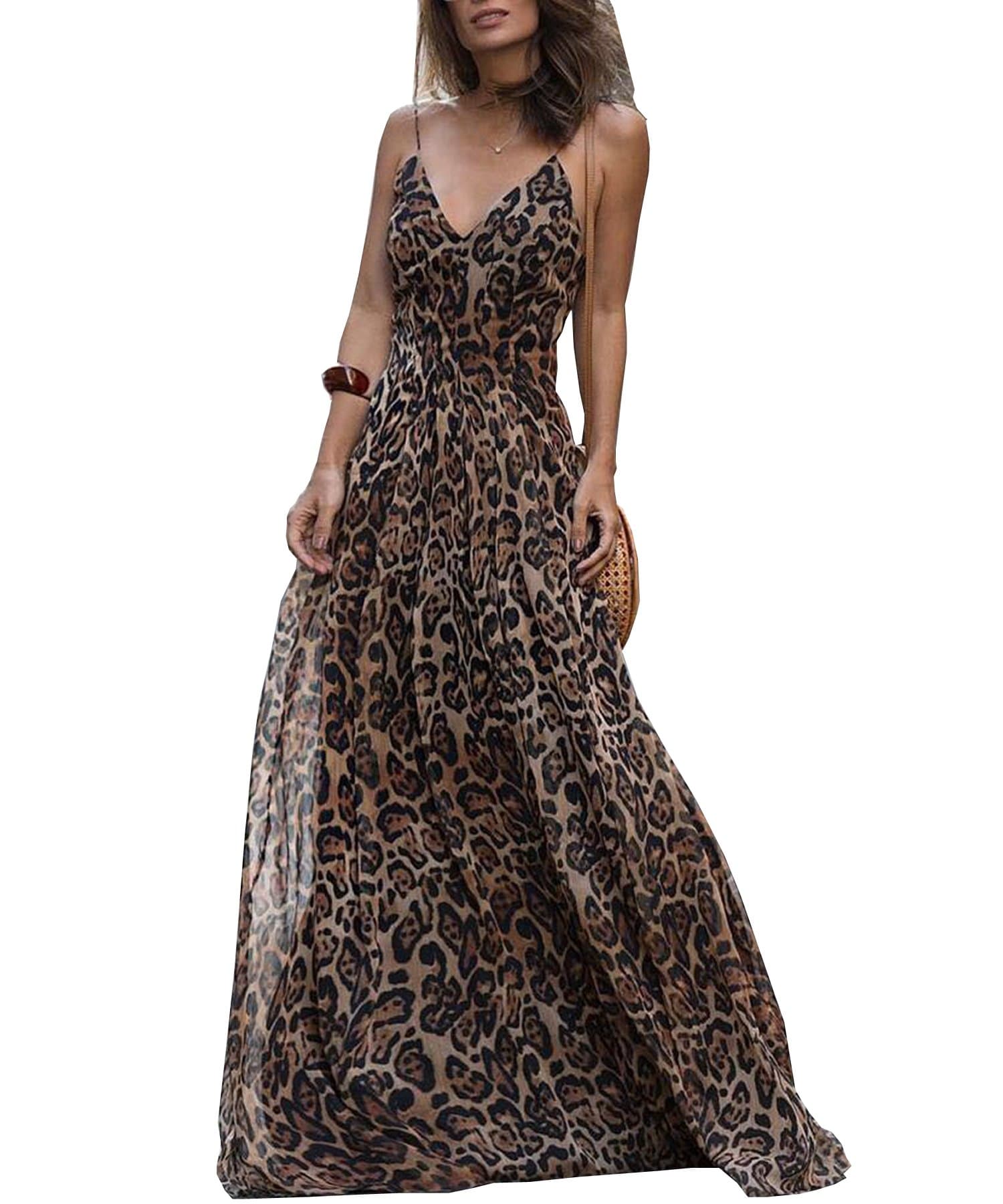 Ru Sweet Women's Spaghetti Strap Leopard Print Deep V Neck Boho Maxi Long Flowy Dress