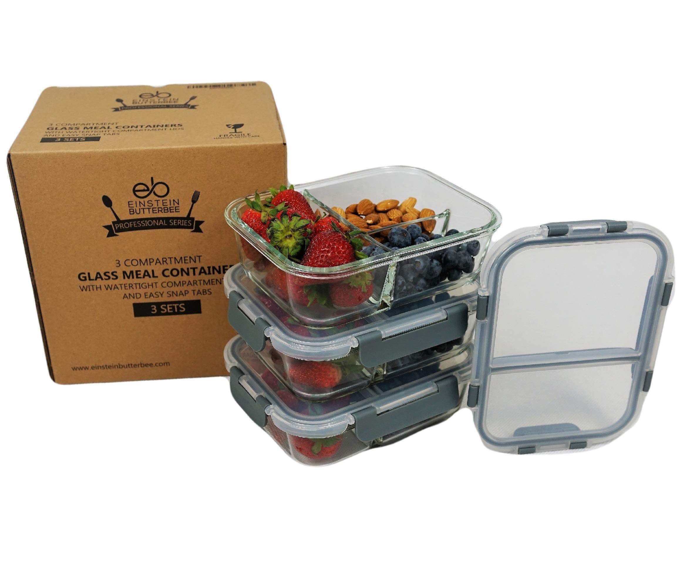 [3-Pack - New 2019 Design] 3 Compartment Bento Boxes Glass Food Container with Maria Emmerich Keto Diet Cookbook Sample - Leak Proof Meal Prep and Portion Control