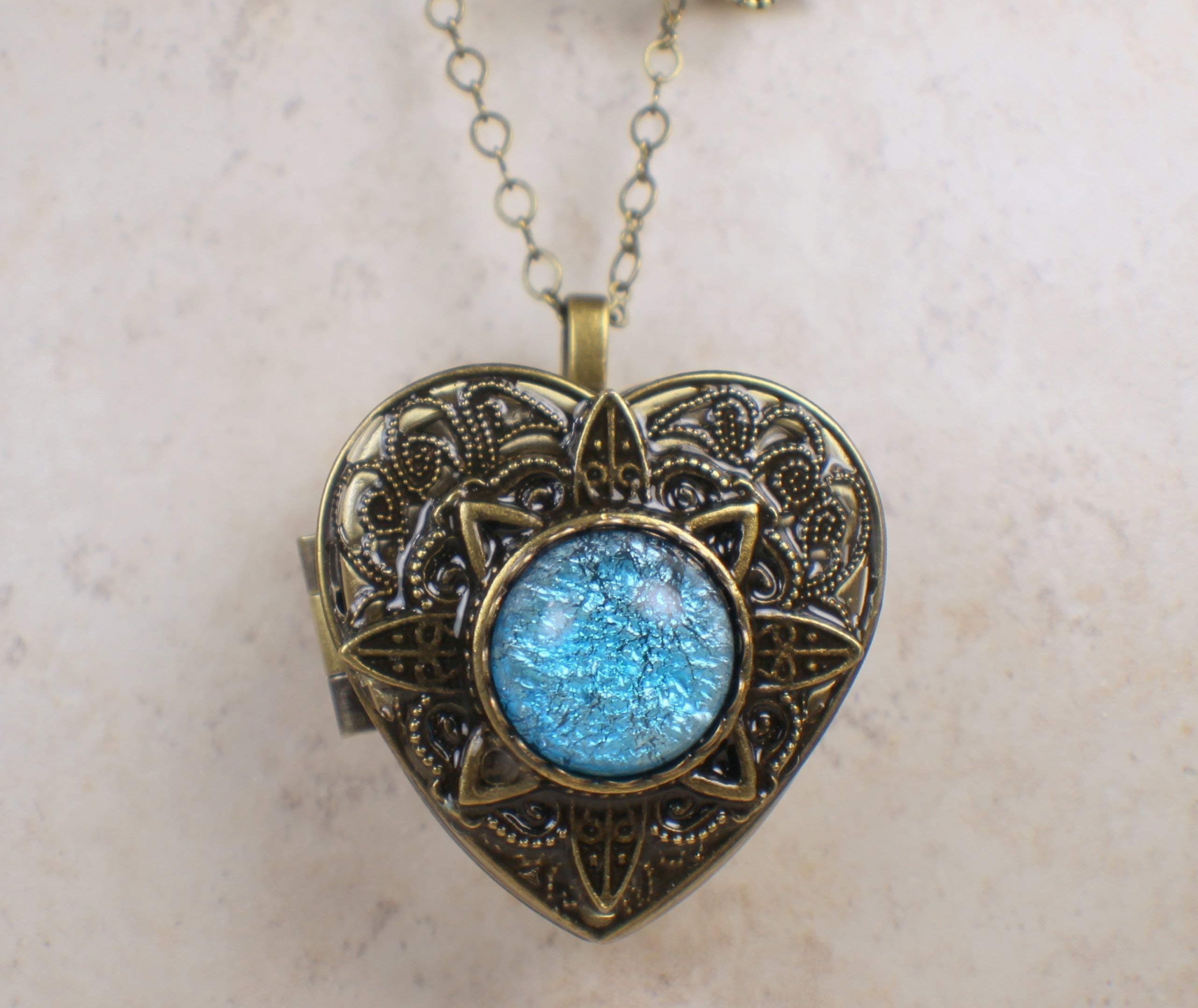Aqua Round Glass Opal Music Box Locket
