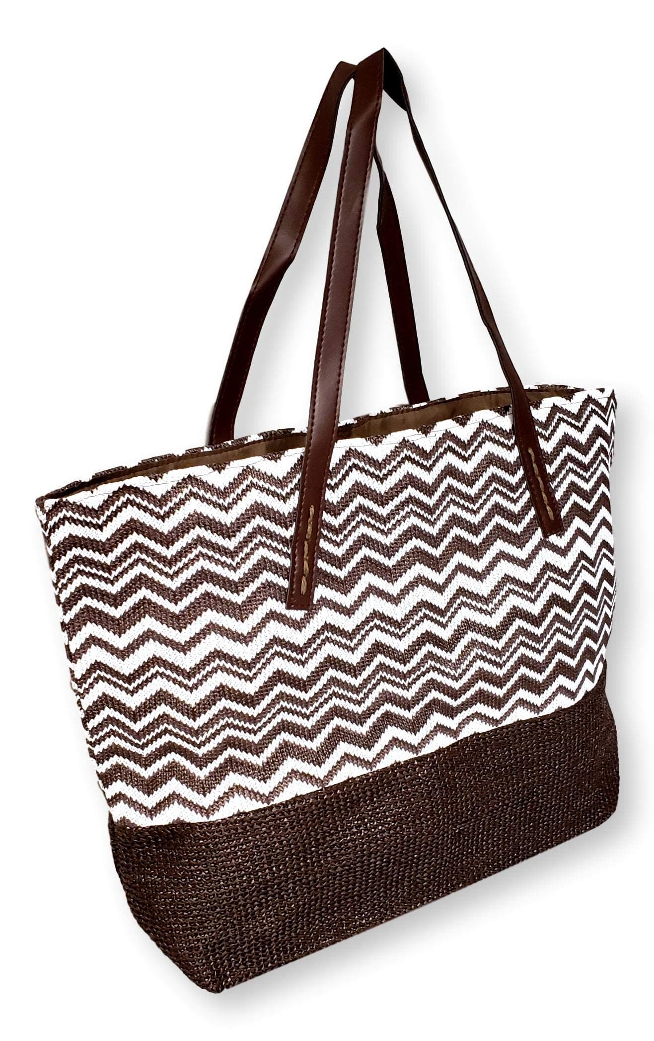 Large Chevron Print Straw Look Lined Beach Bag Tote (Brown)
