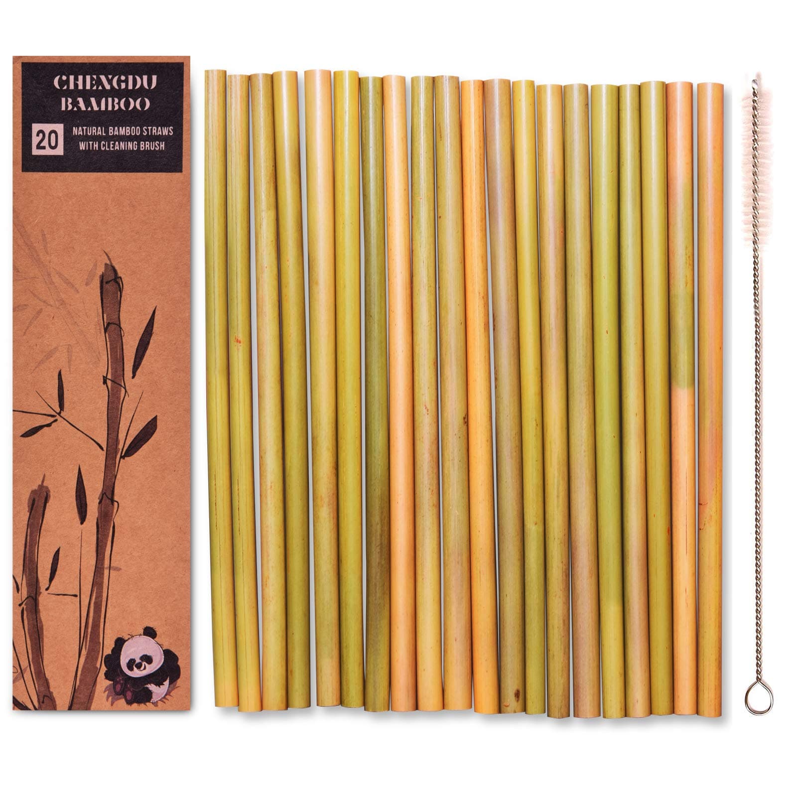 20 Reusable Bamboo Drinking Straws - 20cm Long Straws - Biodegradable and Great for The Environment! Each Set Comes in a Stylish Box and Contains a Cleaning Brush.