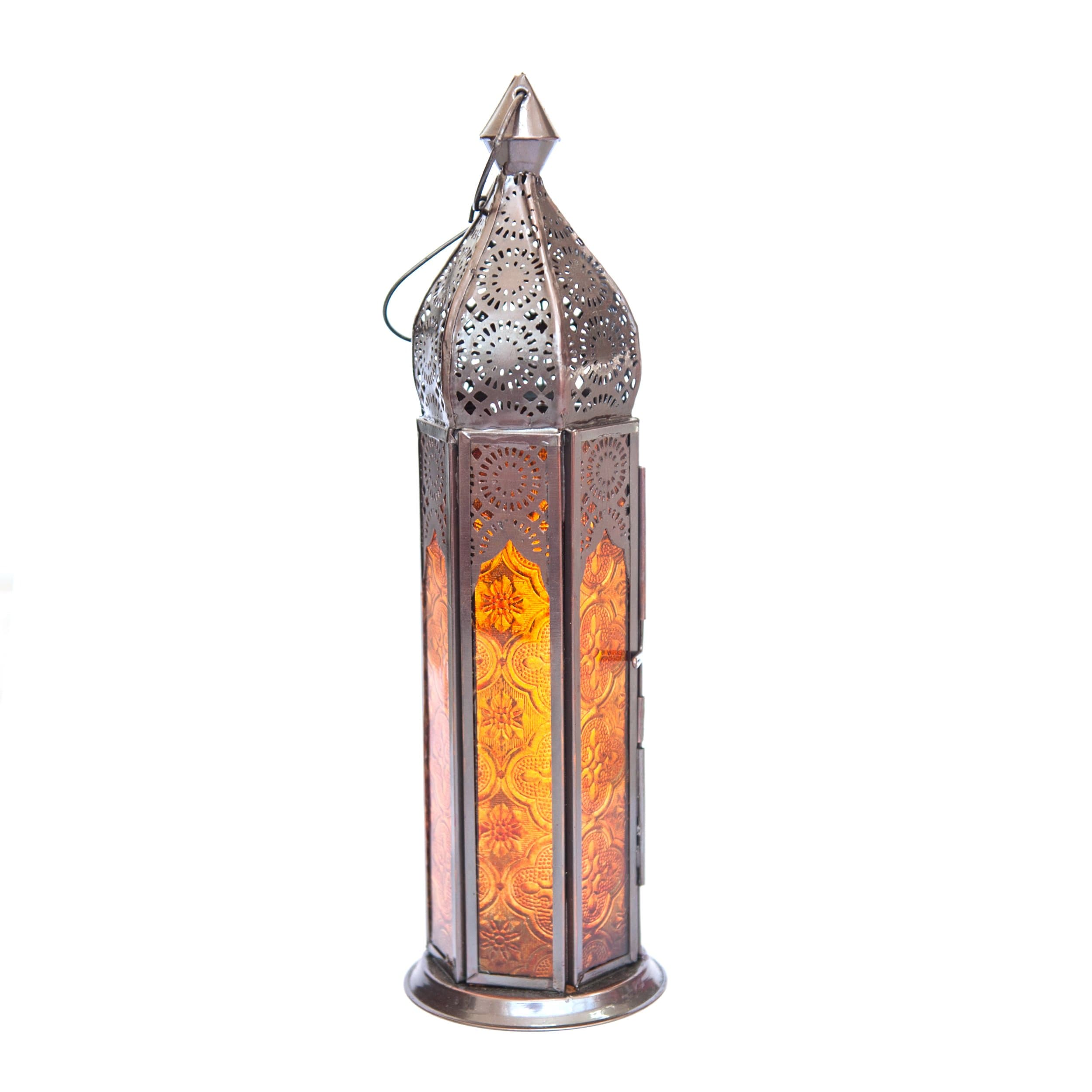 Insideretail Ltd Moroccan Style Lantern with a Copper Antique Finish and Orange Glass, 7cm x 7cm x 30cm, Set of 2, Metal, 7 x 7 x 30 cm