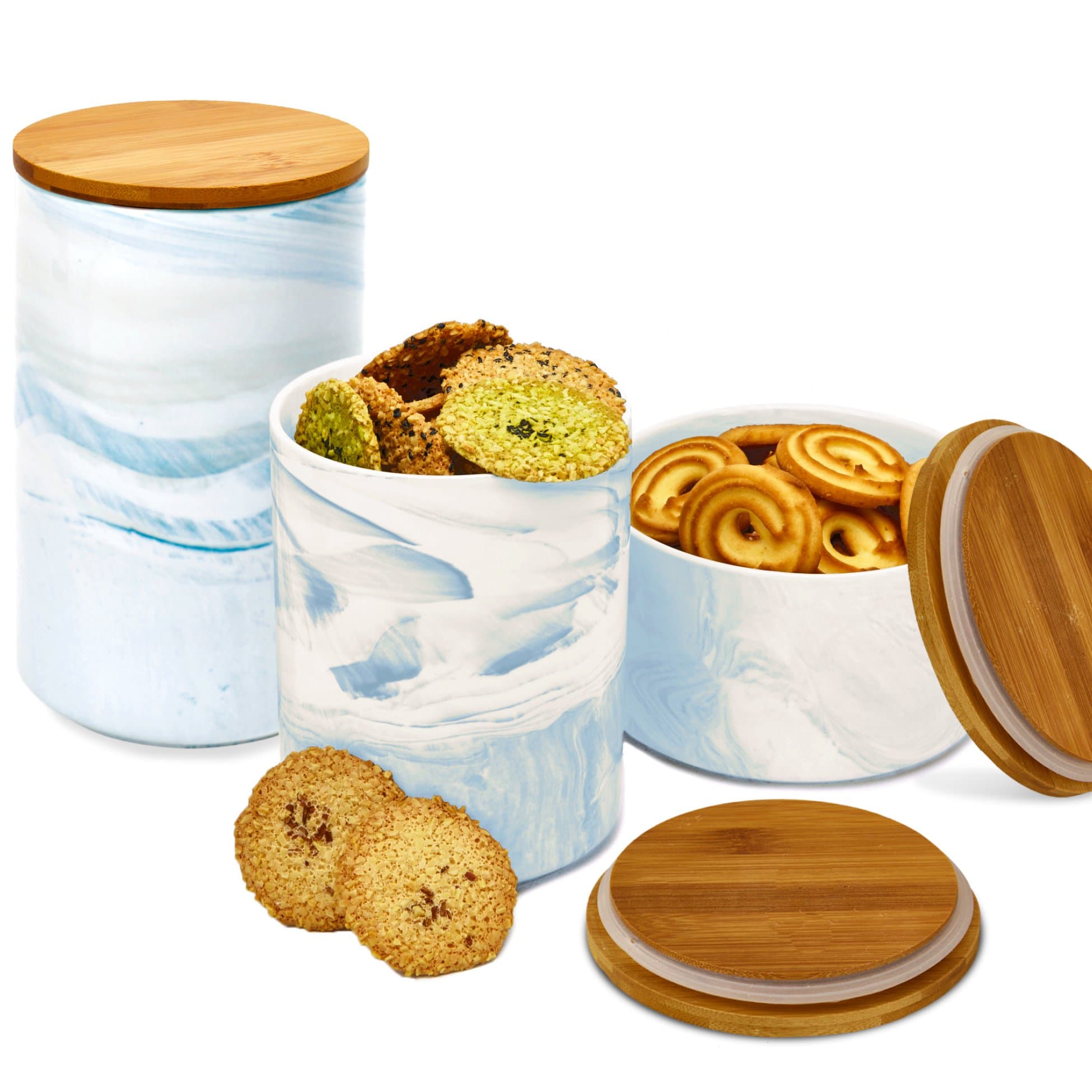 3pc Porcelain Kitchen Canister Set with Bamboo Lids - Sky Blue Marble Containers with Airtight Seal – Sugar, Coffee, Flour or Food Storage Jar - by Marbelous