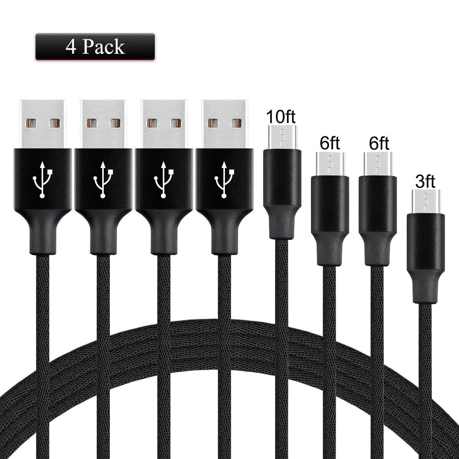 HWTONG Phone Cable 4Pack 3FT 6FT 6FT 10FT Charger Syncing Cord & Nylon Braided USB Charging Compatible Phone Charger X/8/8 Plus/7/7 Plus/6s/6s Plus/Black