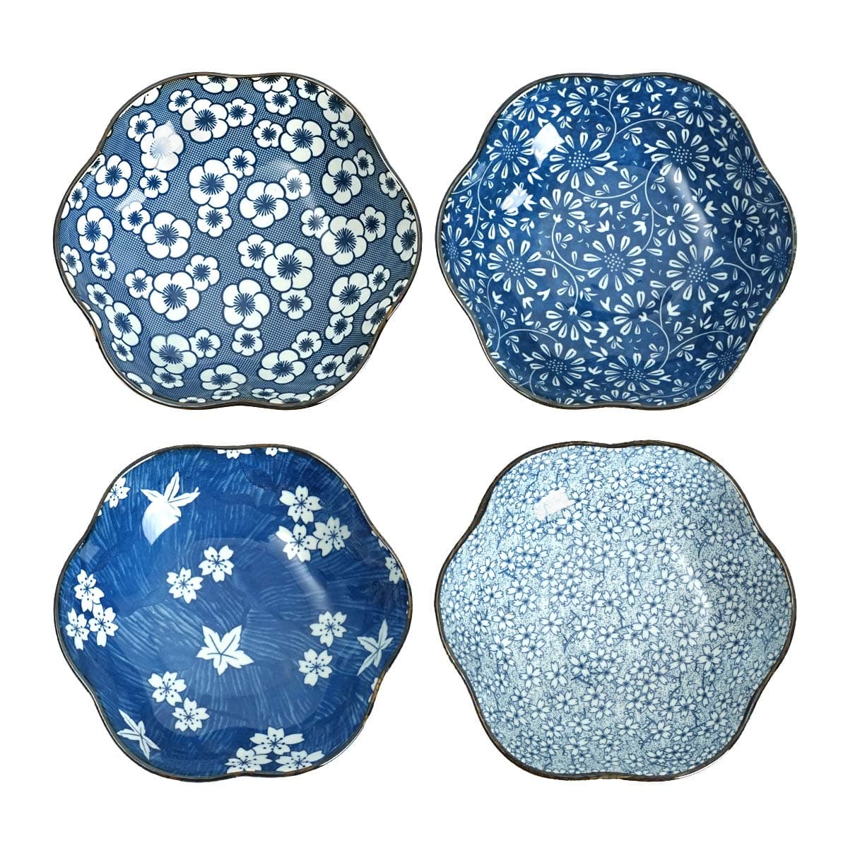 Shallow Bowls Blue and White Assorted Patterns Pasta Bowl 12 Ounce Set of 4