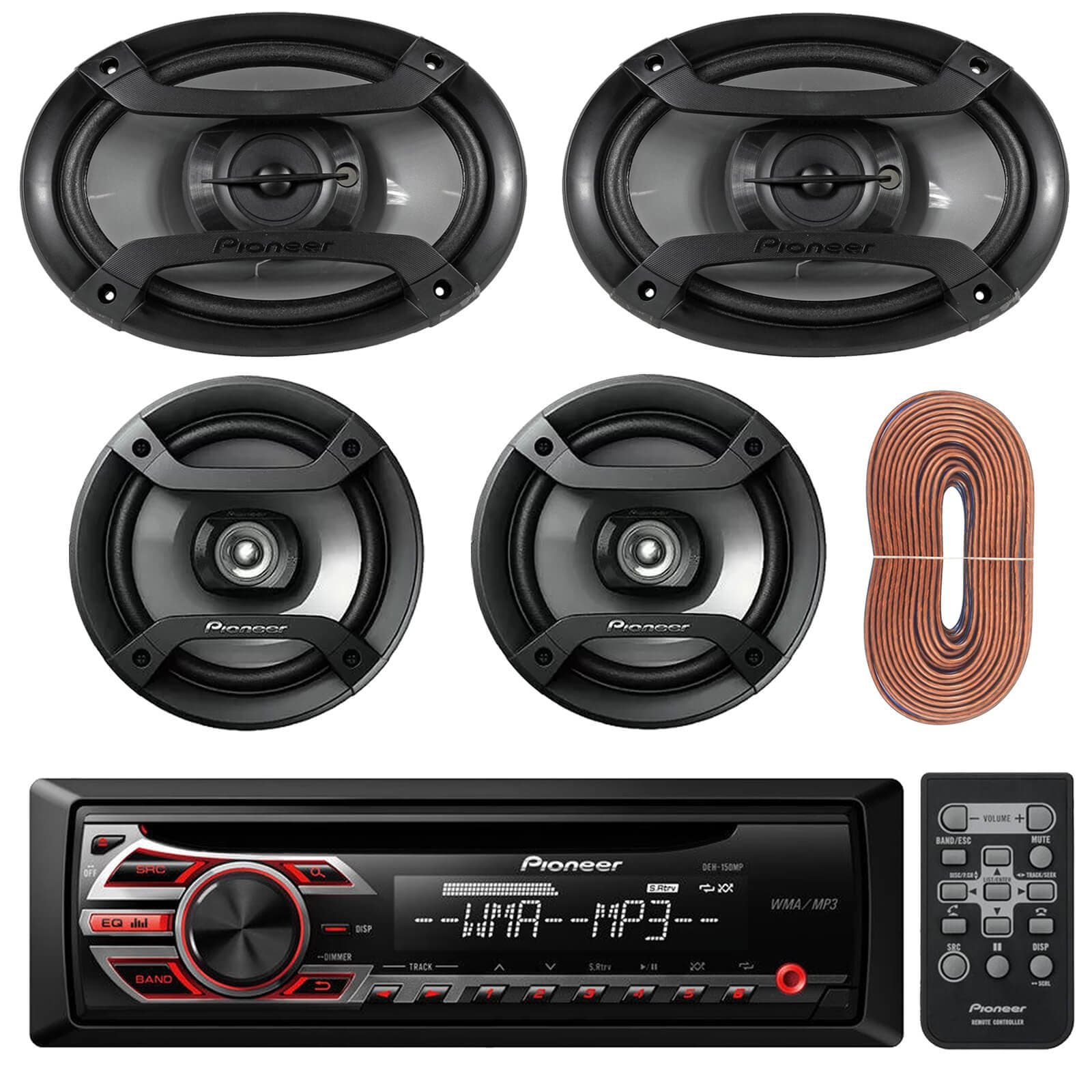 New Pioneer DEH150MP Car Stereo CD Receiver Bundle Combo With 2 Refurbished Pioneer TS-695P 6 X 9" 230W Full Range Car Audio Spekaers + 2 Refurb. TS165P 6.5" Speaker + Enrock 50Ft Speaker Wire