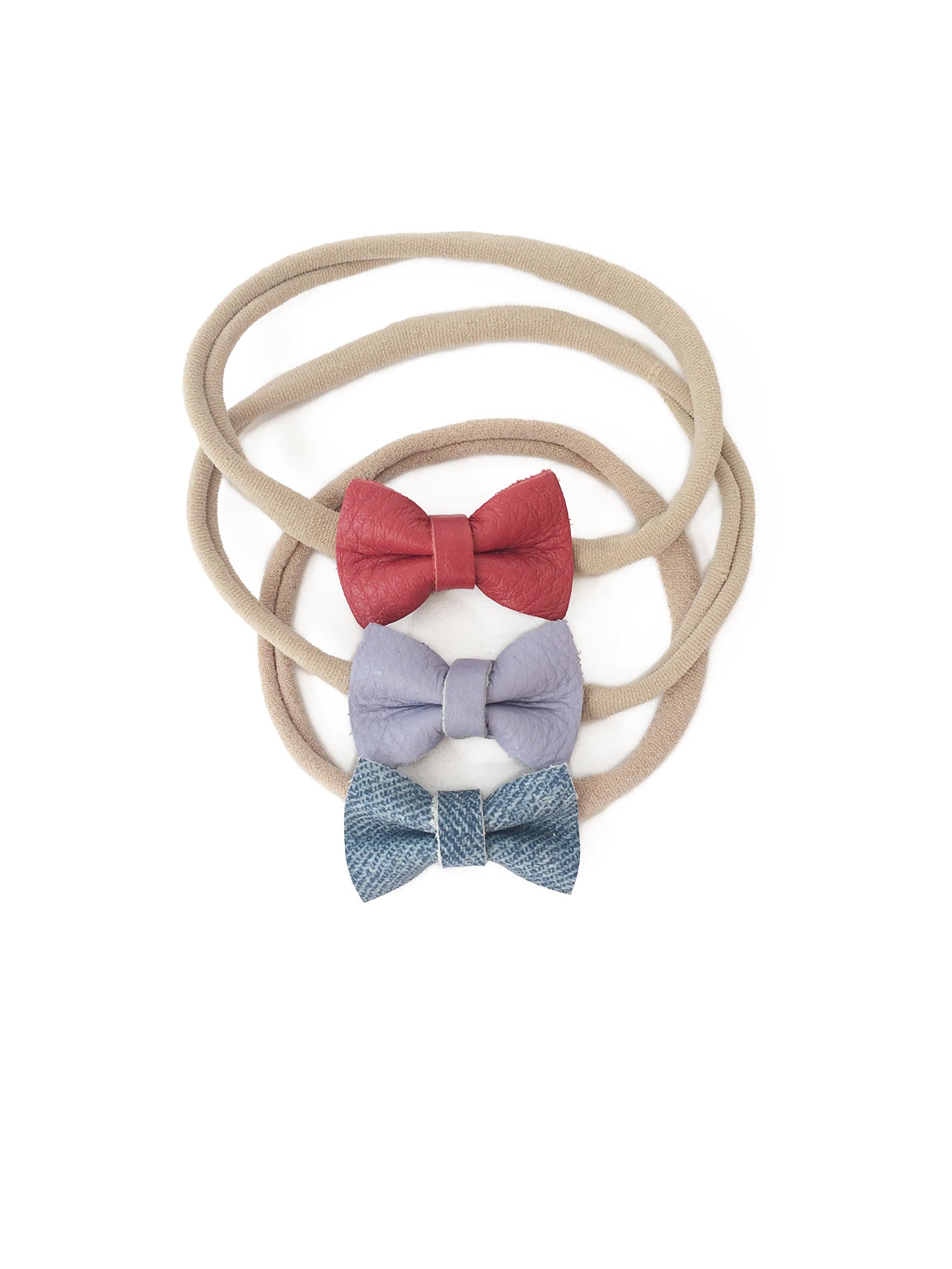 Indie Bow Co Handmade Genuine Leather Micro Mini Bow Headbands Set of 3 in Lavender, Denim, Red