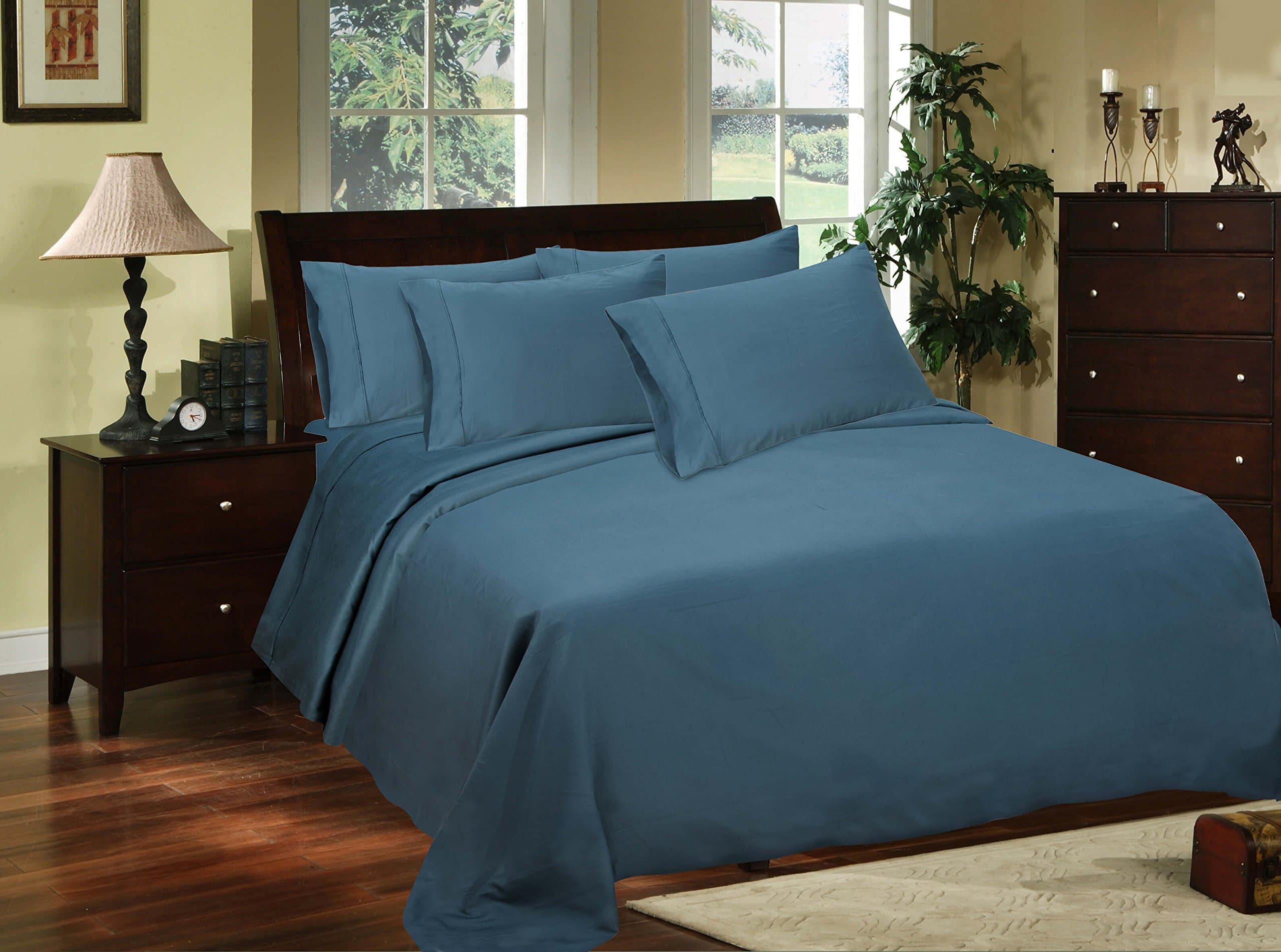 Cotton Rich Satin Sheet Set, Blue King Luxury Sheet 6 Piece Set, Cotton Blend Sheet Set, Breathable and Sliky Satin Weave by Linen Home