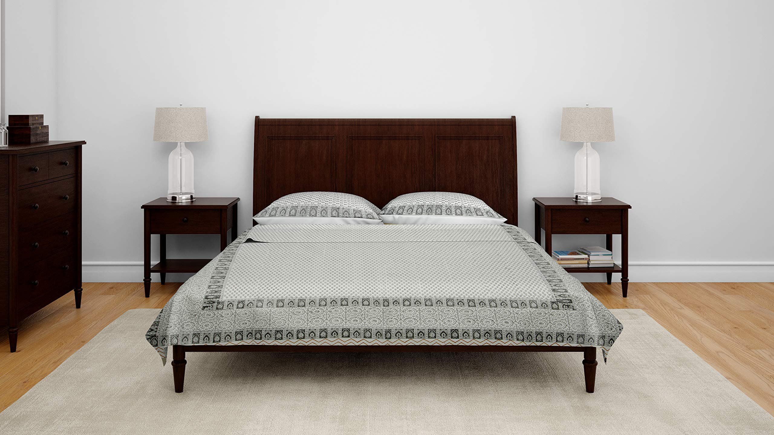 Tribes India Handmade Black White Double Hand Block Printed Cotton Bedsheet (112x88 Inch) with 2 Pillow Cover