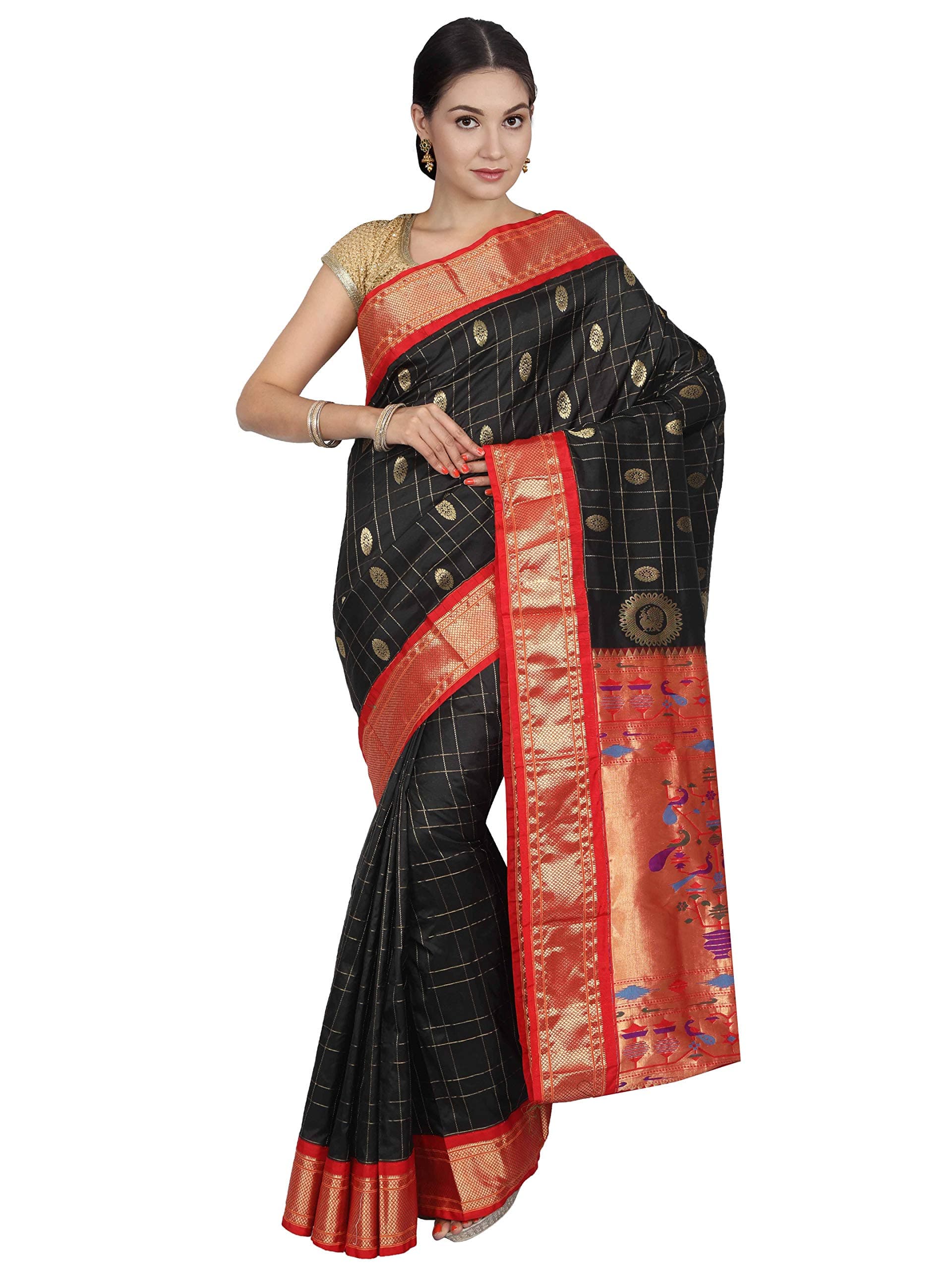 Women's Jari Checkered Paithani Pure Silk Saree
