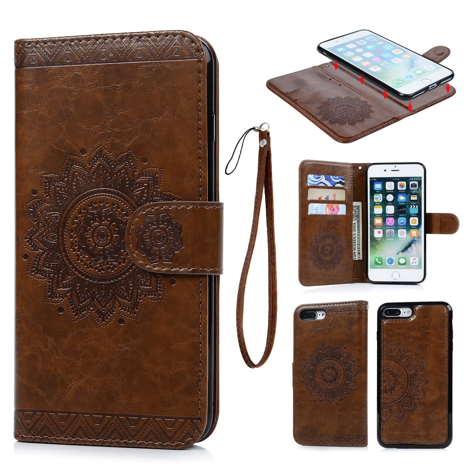 Geniric iPhone 7 Plus Case Leather Wallet Embossed Smile Love Design PU Leather Flip Case Detachable TPU Cover Magnetic Wallet with Card Slots & Wrist Strap Case for iPhone 7 Plus 5.5 inch - (Brown)
