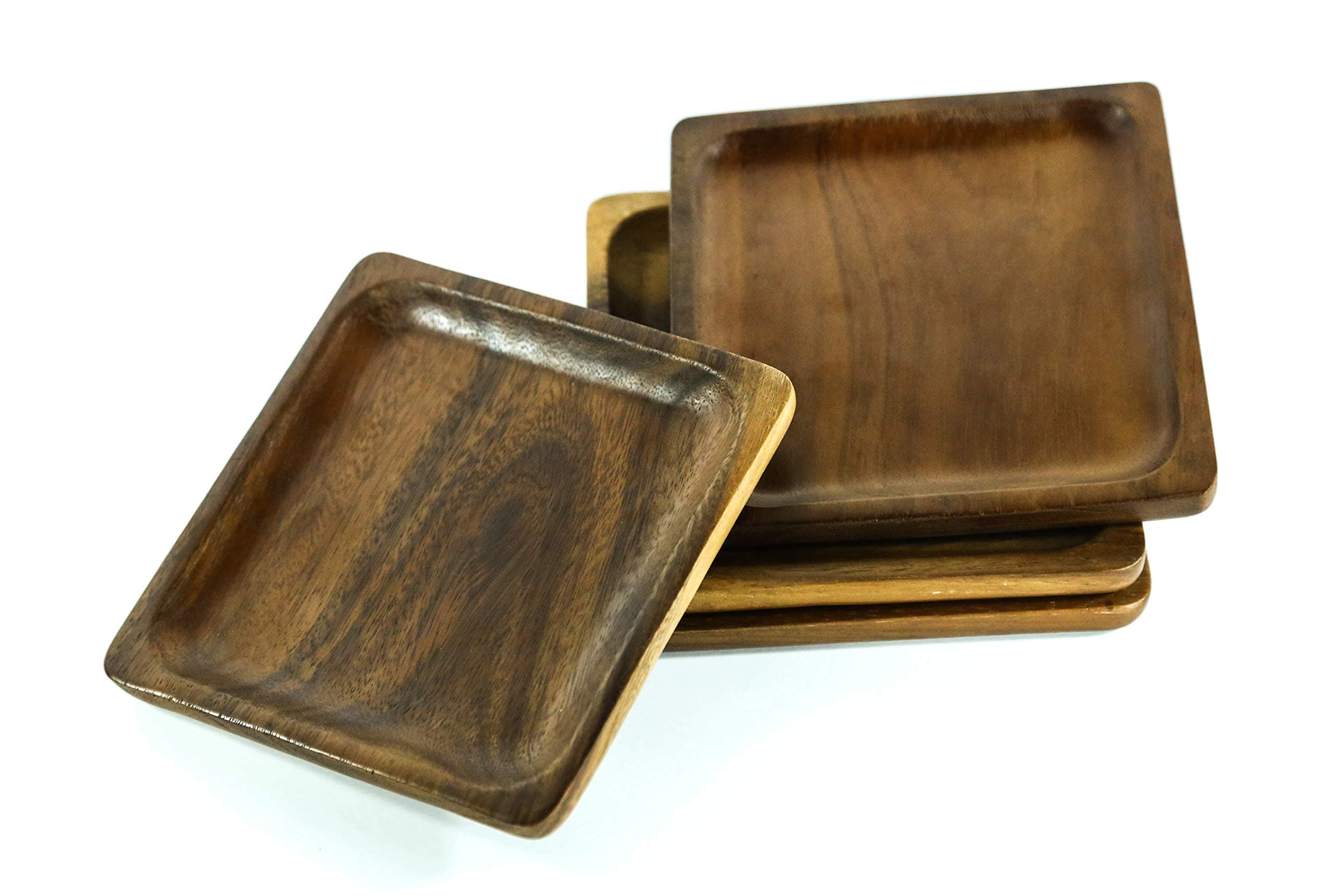 Kevin Home Square Acacia Wood Serving Tray/Plates, Dinnerware set of 4, Natural tableware dining for sandwiches, salad, finger foods, cheese, burgers, appetizers, or desserts (6 Inches)