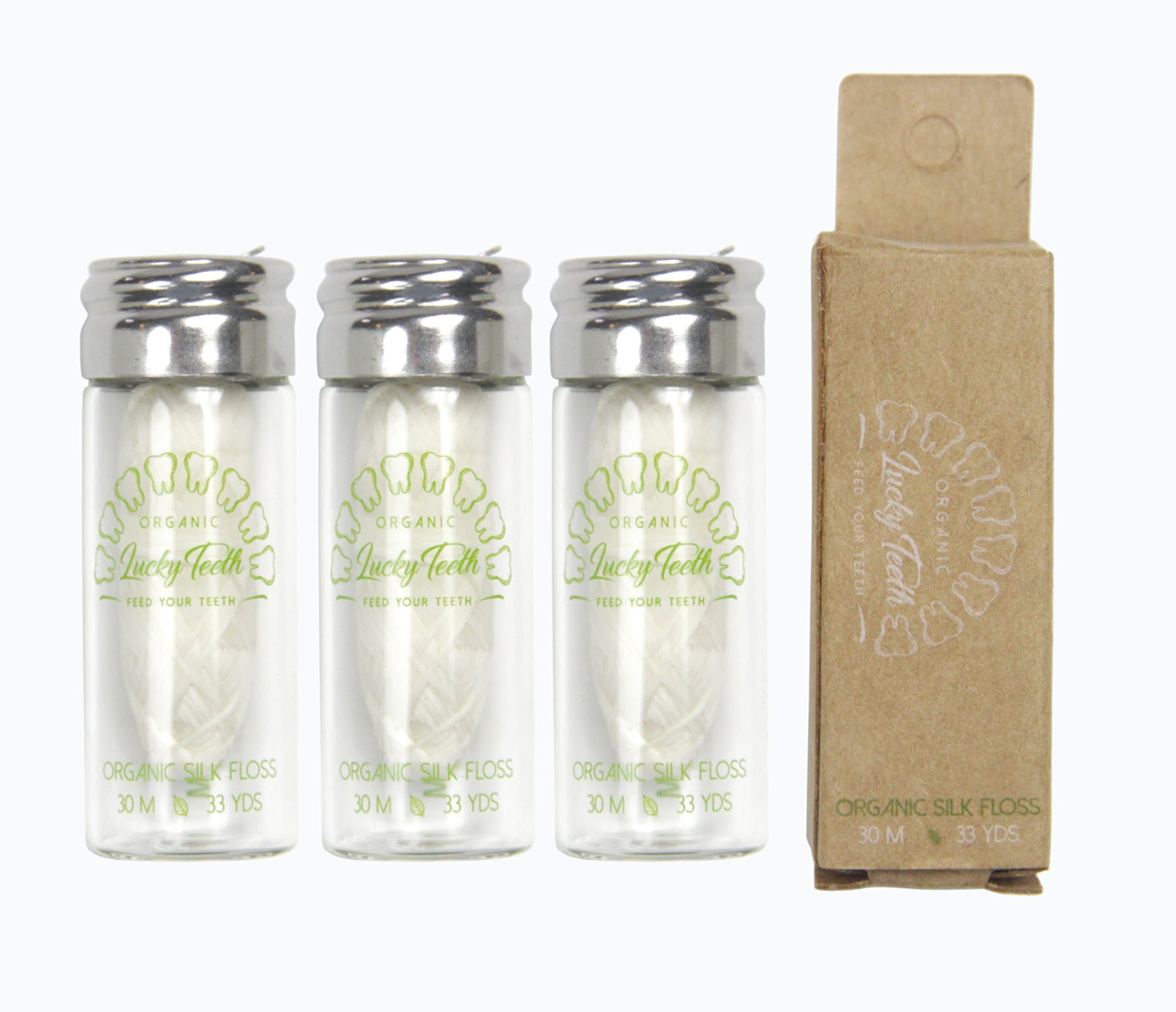 Organic Silk Floss in Glass Jar with Tea Tree and Peppermint Essential Oils 30 m / 33 yds - by Lucky Teeth (3 Pack)