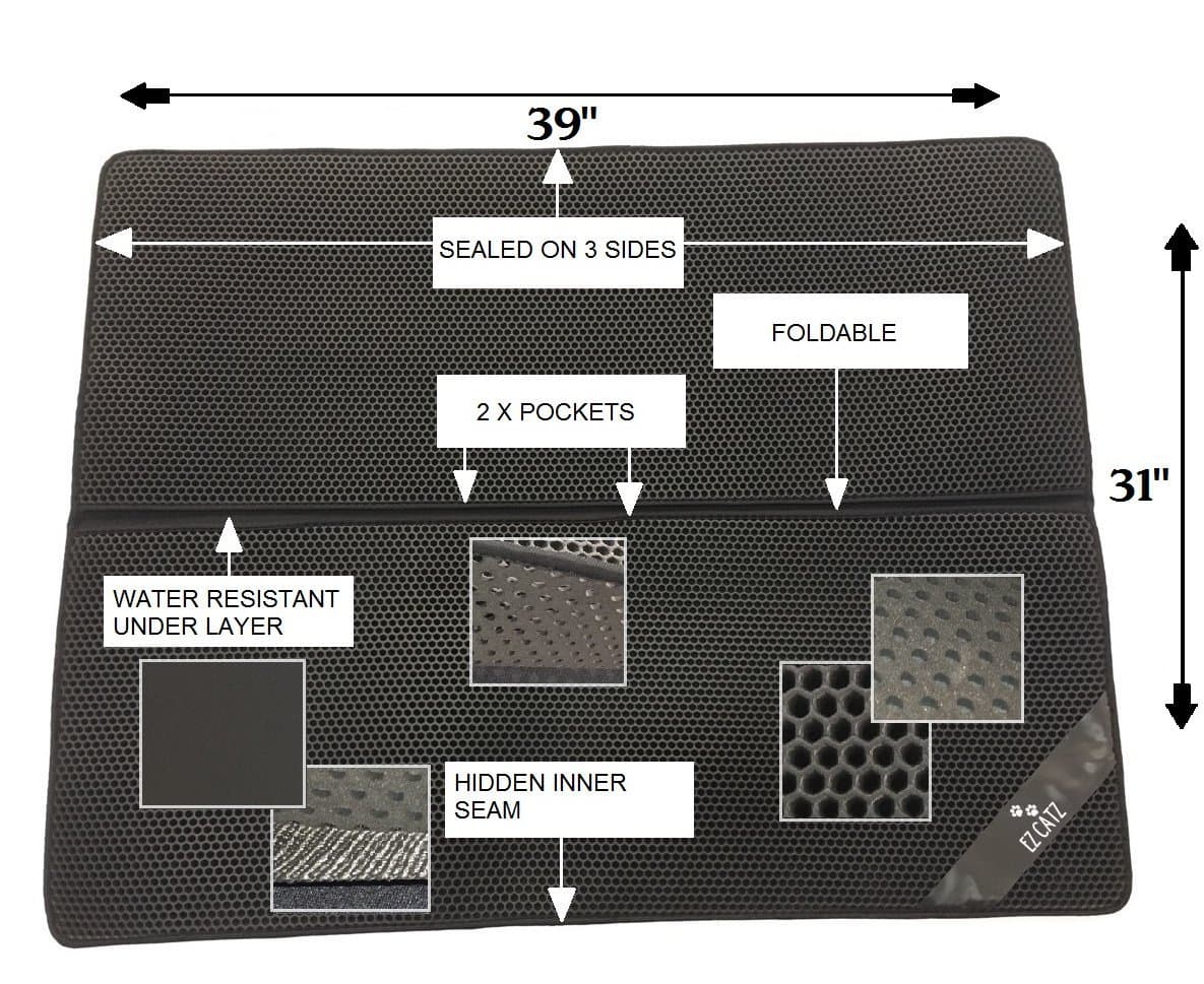 EZ CATZ Jumbo Giant Super Size 39'' x 31'' Double Layer Cat Litter Trapper Mat. Large Soft Black Hole Honeycomb - Best Scatter Control. XL Easy Clean Lightweight Foam Littermat Catcher Trap.