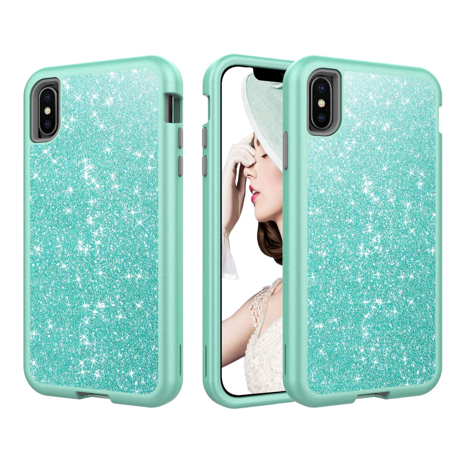 Women Case for iPhone Xs Max Case, Solomo Luxury Bling Glitter Heavy Duty Hybrid Sturdy Armor Defender High Impact Shockproof Protective Cover Bling Case for iPhone Xs Max 6.5 inch (Teal)