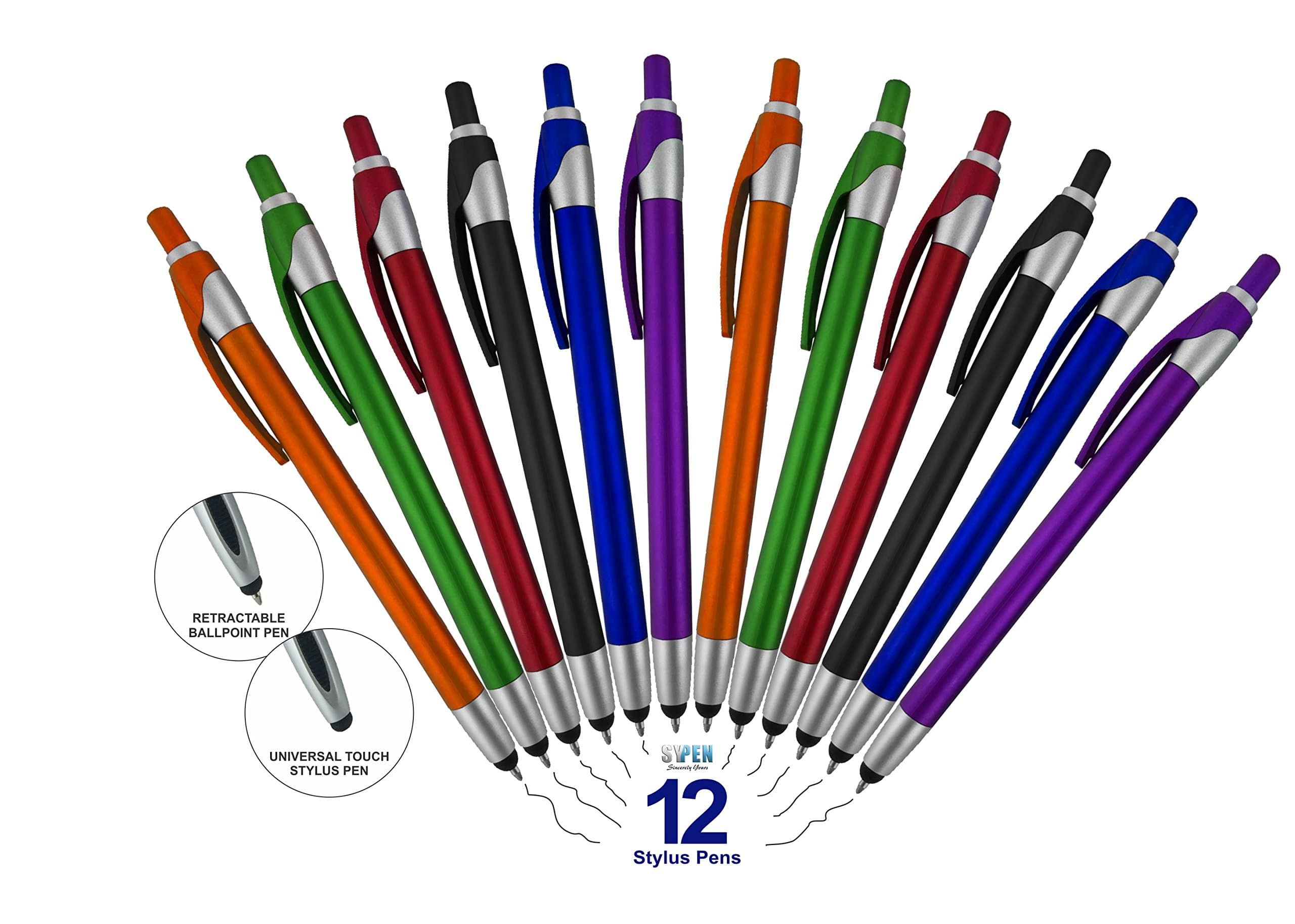 12 Pack Stylus with Ball Point Pen for iPad Mini, iPad 2/3, New iPad, iPhone 5 4S 4 3GS, iPod Touch, Motorola Droid, Samsung Galaxy, Asus (Assorted Colors)