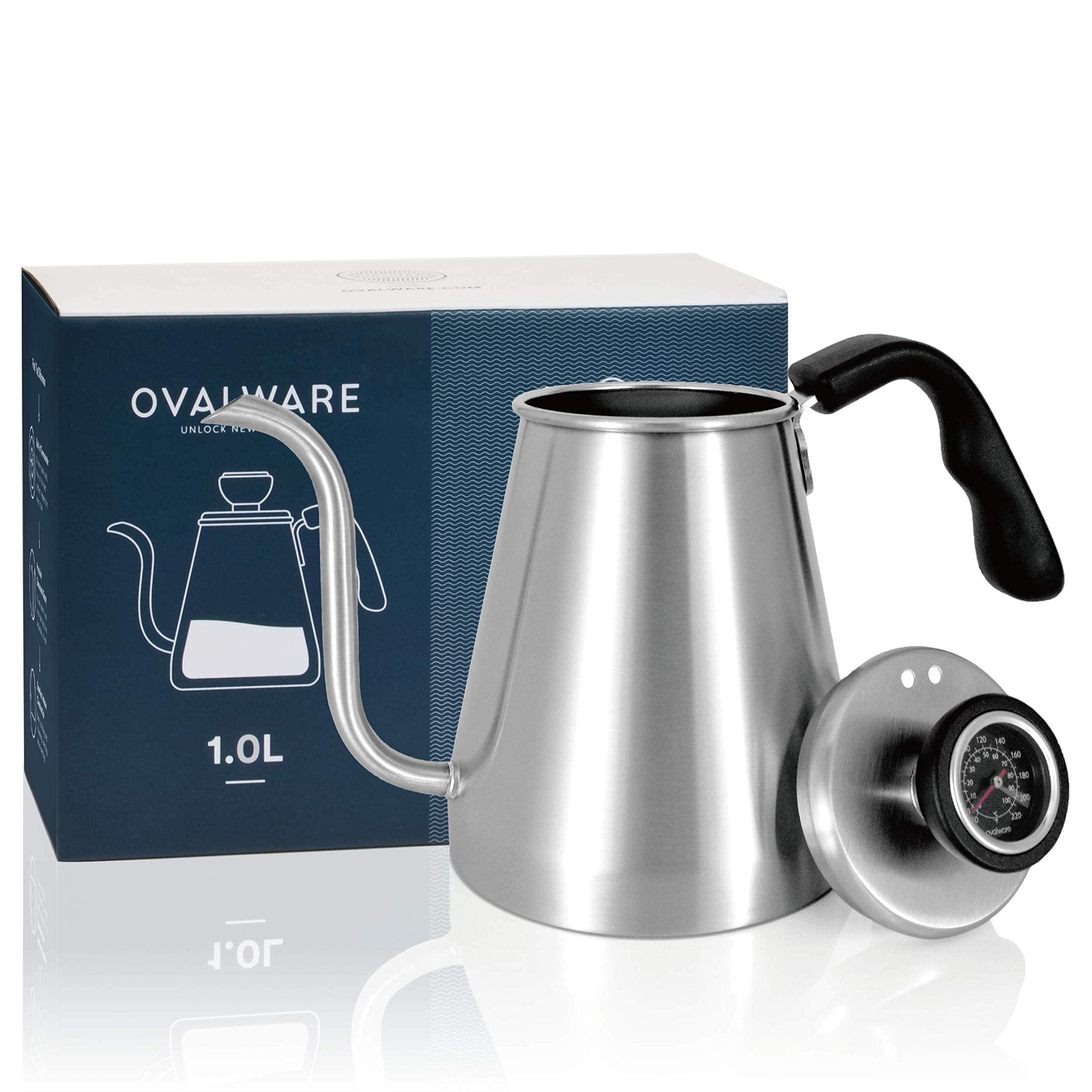 Pour Over Coffee Kettle and Tea Kettle with Built-in Thermometer 1.0L/34oz - Ovalware RJ3 Stainless Steel Drip Kettle with Precision Gooseneck Spout Four Home Brewing, Camping and Travelling