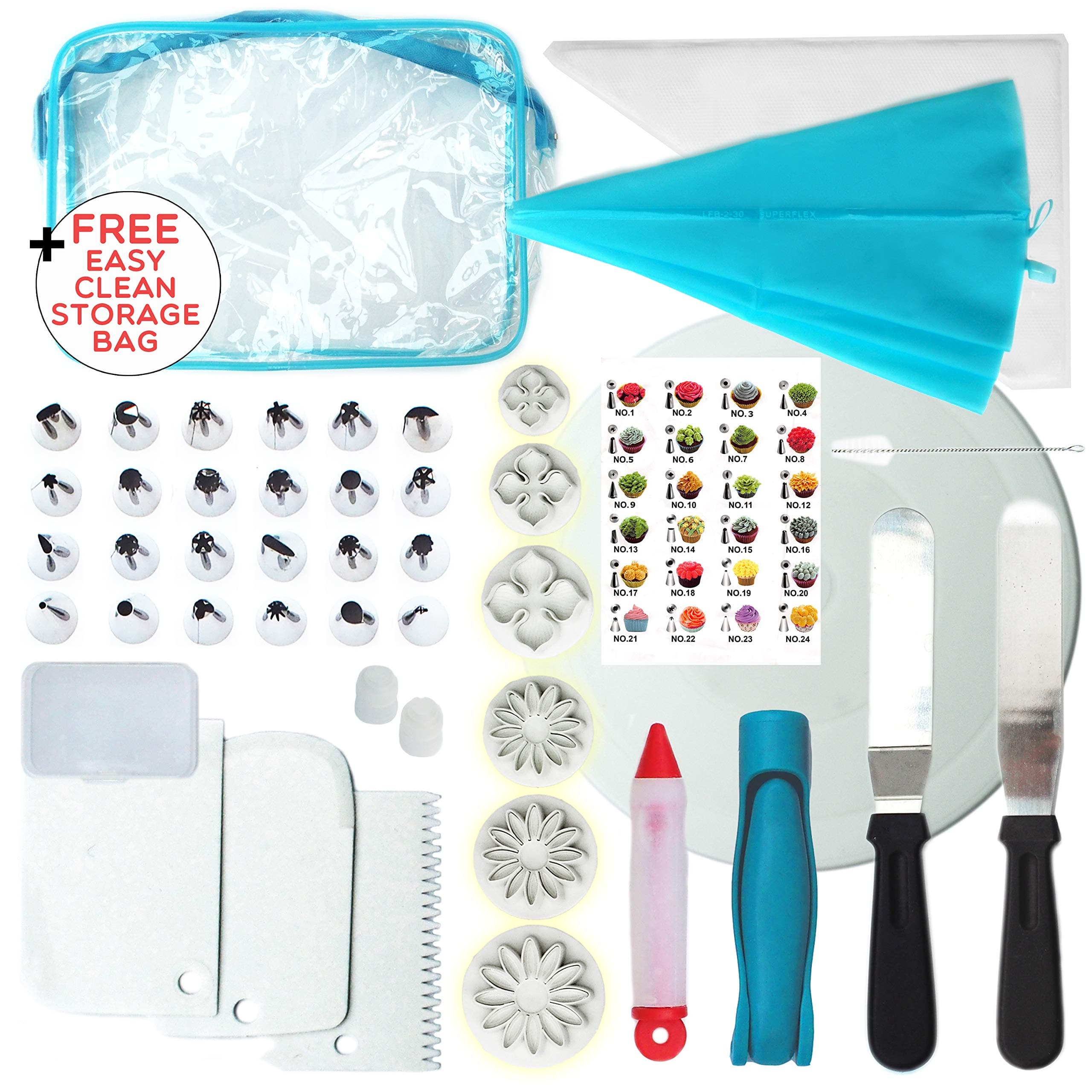Cake Decorating Supplies and Baking Equipment Kit for Bake Off Cakes, Cupcakes with 24 Piping Tips, Icing Fondant Tools, Easy-Clean Storage Bag, Large Turntable, Flower Sugarcraft Cutters, Piping Pens, Palette Knives, and Much More