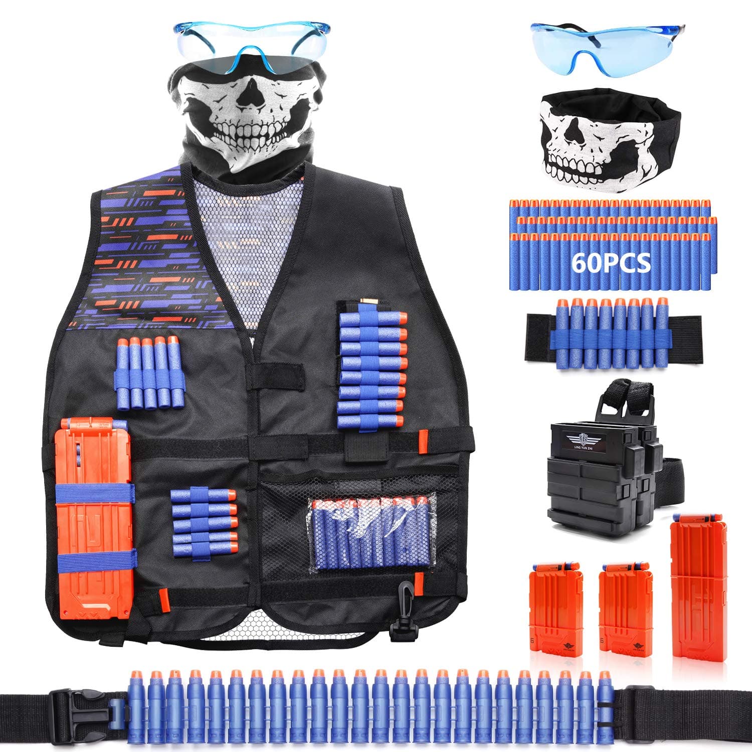 MASCARRY Tactical Vest Kit Compatible with Nerf Guns N-Strike Elite Series, 3 Reload Clips, with 60 Pcs Refill Darts, 1 Wrist Band, 1 Face Mask, 1 Protective Glasses, 1 Bullet Belt and 1 Strapped Clip