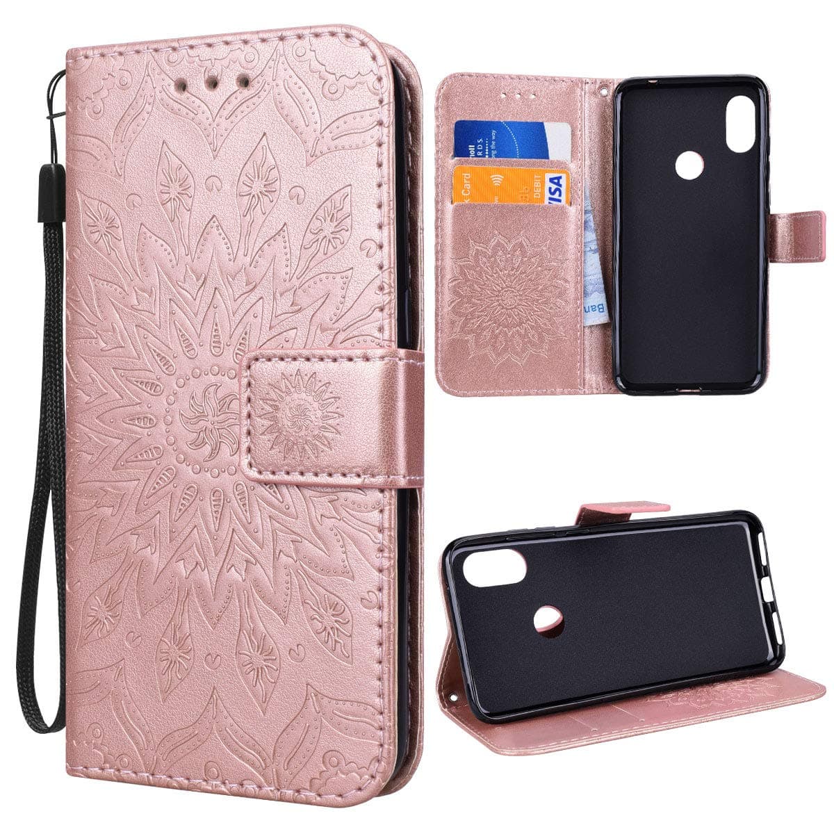 VemMore Xiaomi Redmi Note 6 Pro Case PU Leather Wallet Case Flower Flip Magnetic Closure Card Slots Stand Function Premium Shockproof Full Protective Cover Sunflower Pattern - Rose Gold