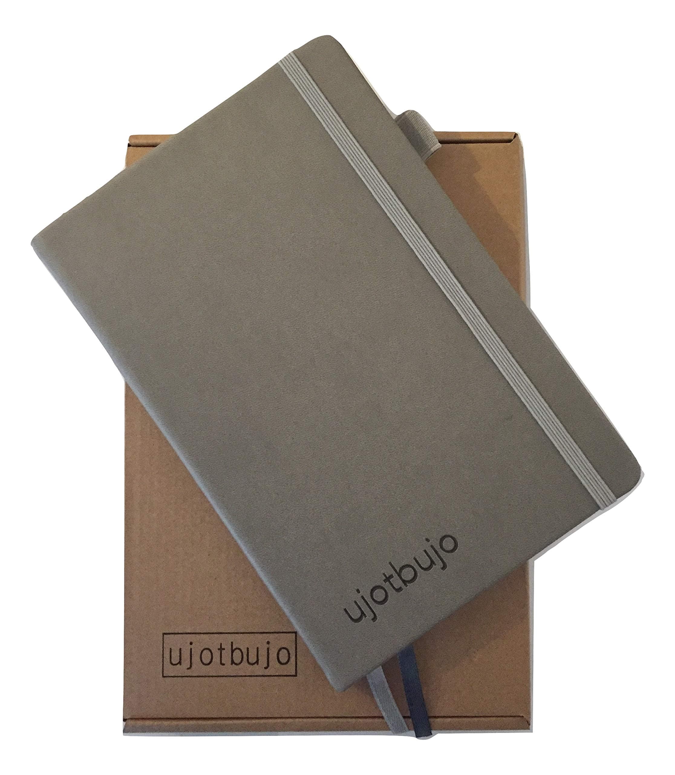 UJOTBUJO Minimalist A5 Bullet Dotted Journal Notebook 200 Dotted Pages, Grey PU Vegan Leather, 100GSM High Quality Paper, Lie Flat with Light Grey Elastic Band and Pen Holder.