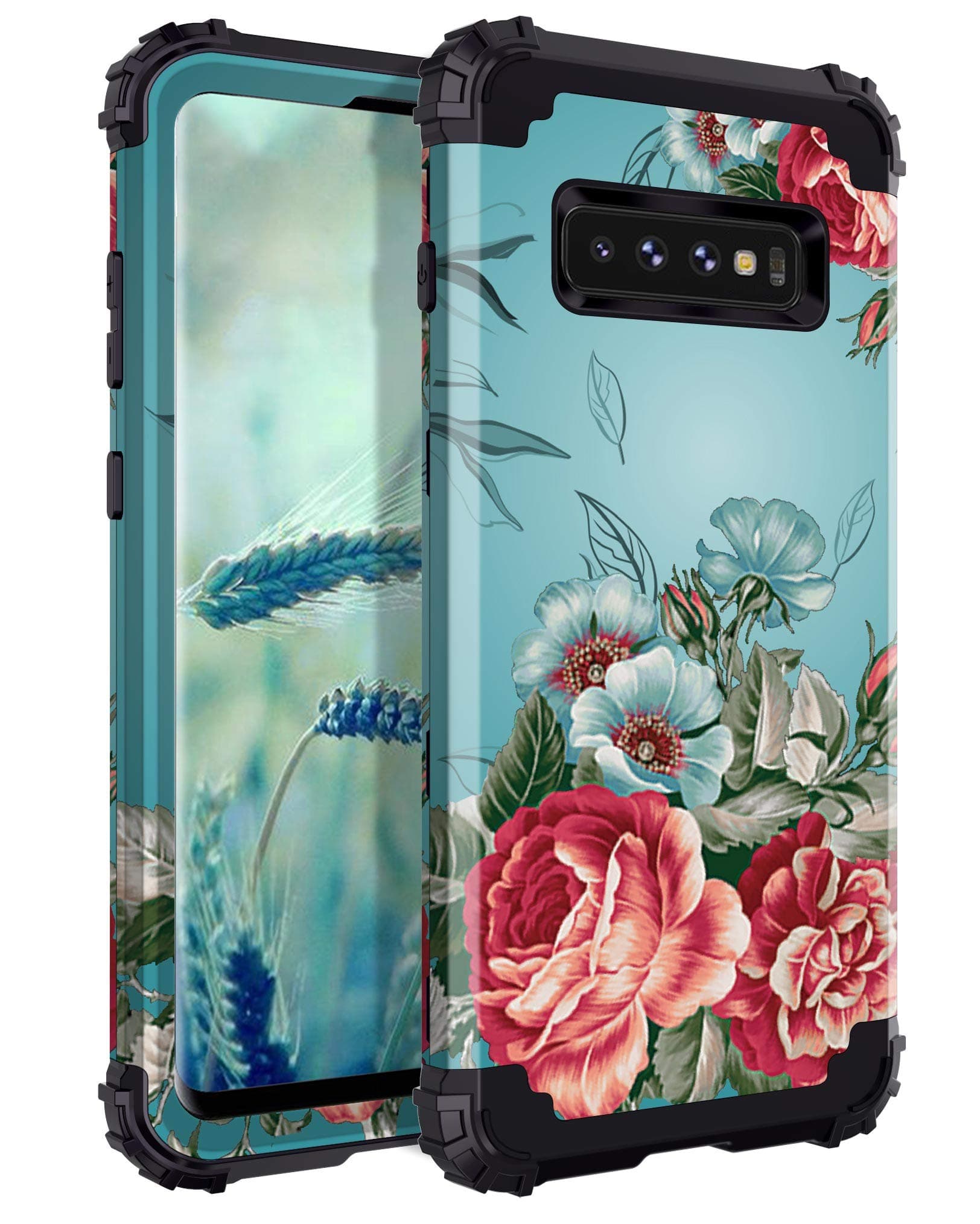 LONTECT for Galaxy S10 Case Floral 3 in 1 Heavy Duty Hybrid Sturdy High Impact Shockproof Protective Cover Case for Samsung Galaxy S10, Teal/Red Flower