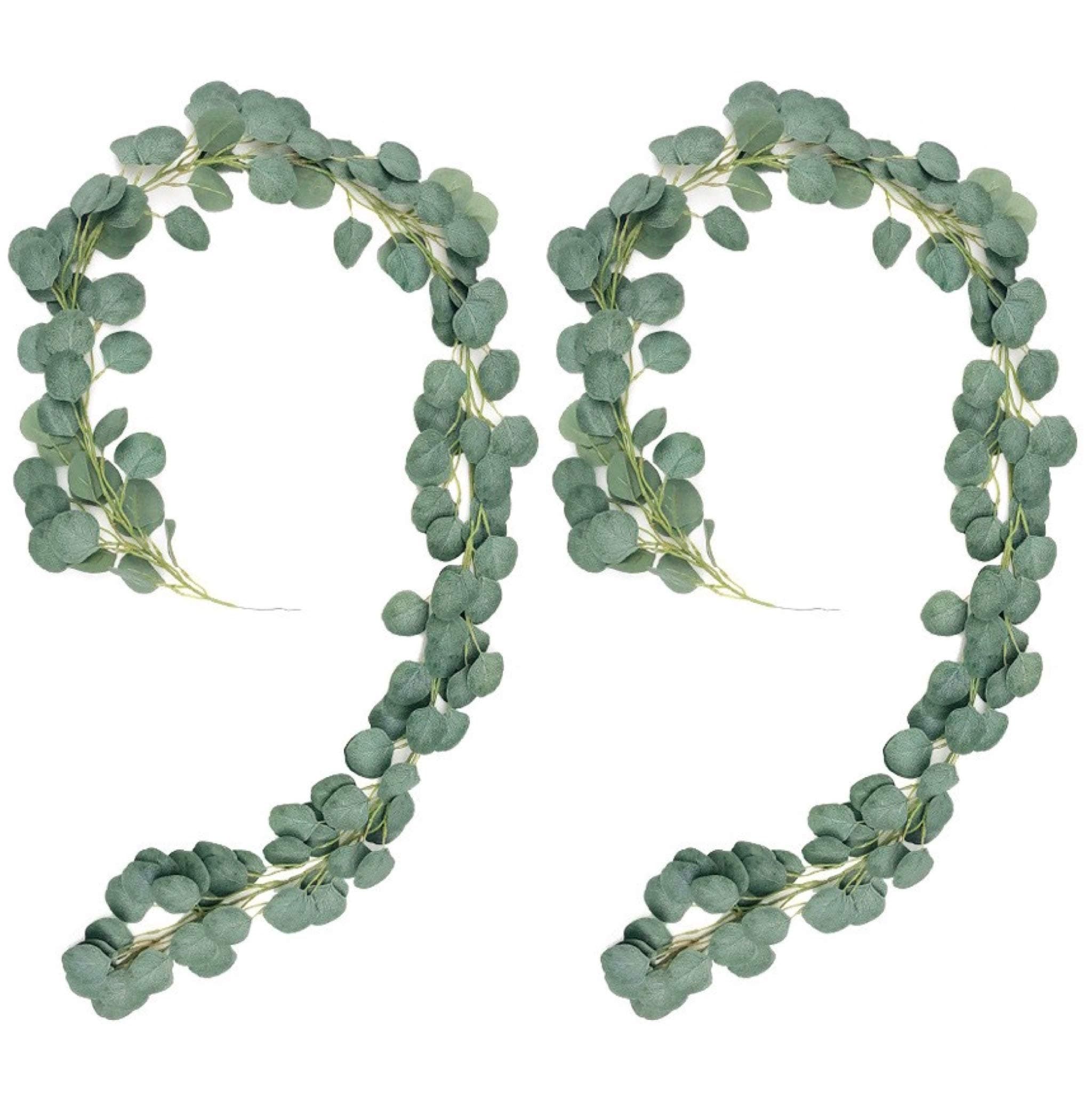 Meiliy 2pcs Artificial Greenery Eucalyptus Garland Faux Eucalyptus Silver Dollar Leaves Vines for Home Table Runner Wedding Decor