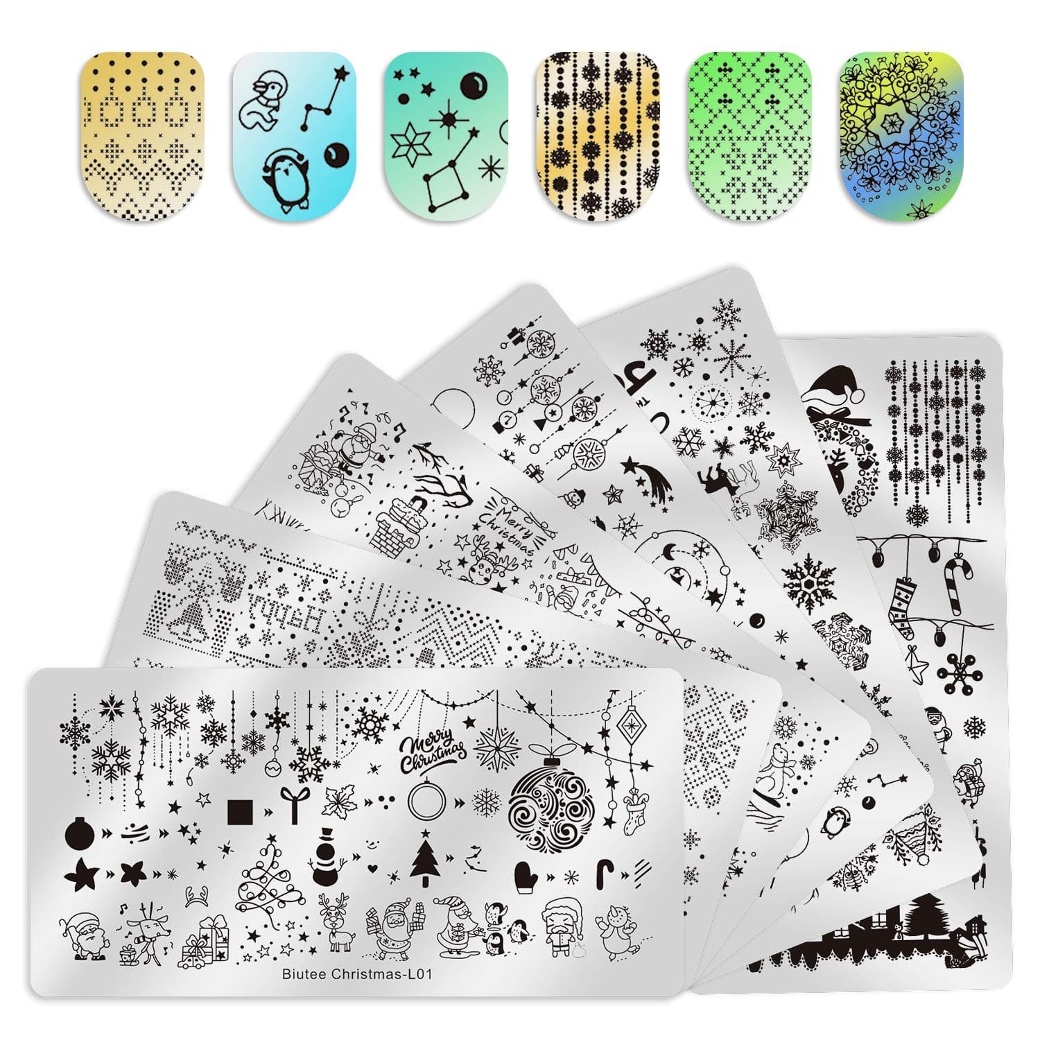 Biutee Nail Stamping Plates 6pcs Templates with Double-head stamper Nail Art Plates set