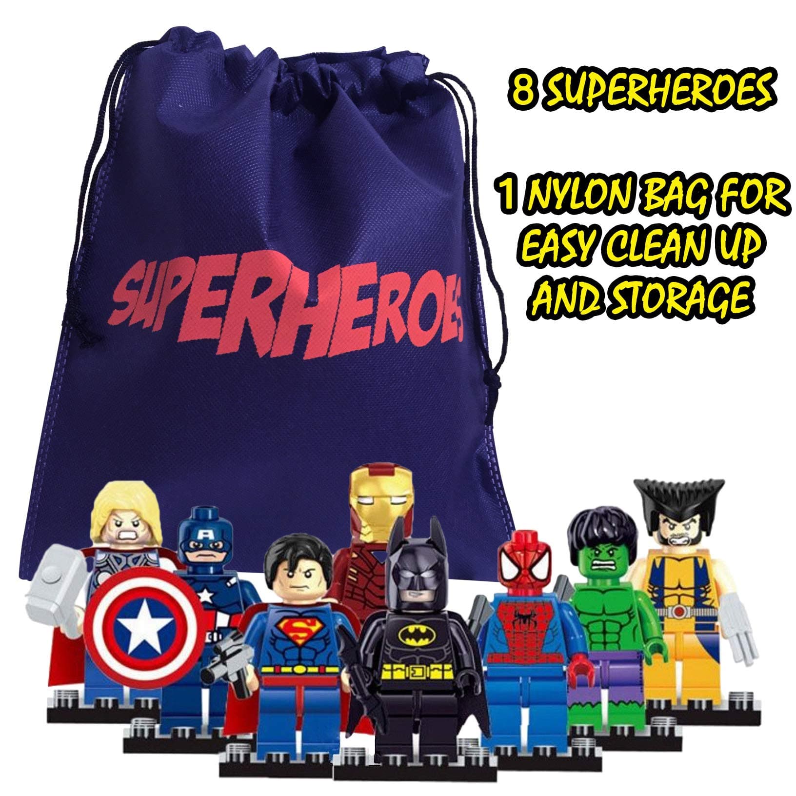 fat cat sales Superhero Mini Building Block Action Figures 8 PCS with A Bag for Quick Clean UP - Building Blocks are Interlocking & Fun to Assemble - Interchange The Pieces for New Looks