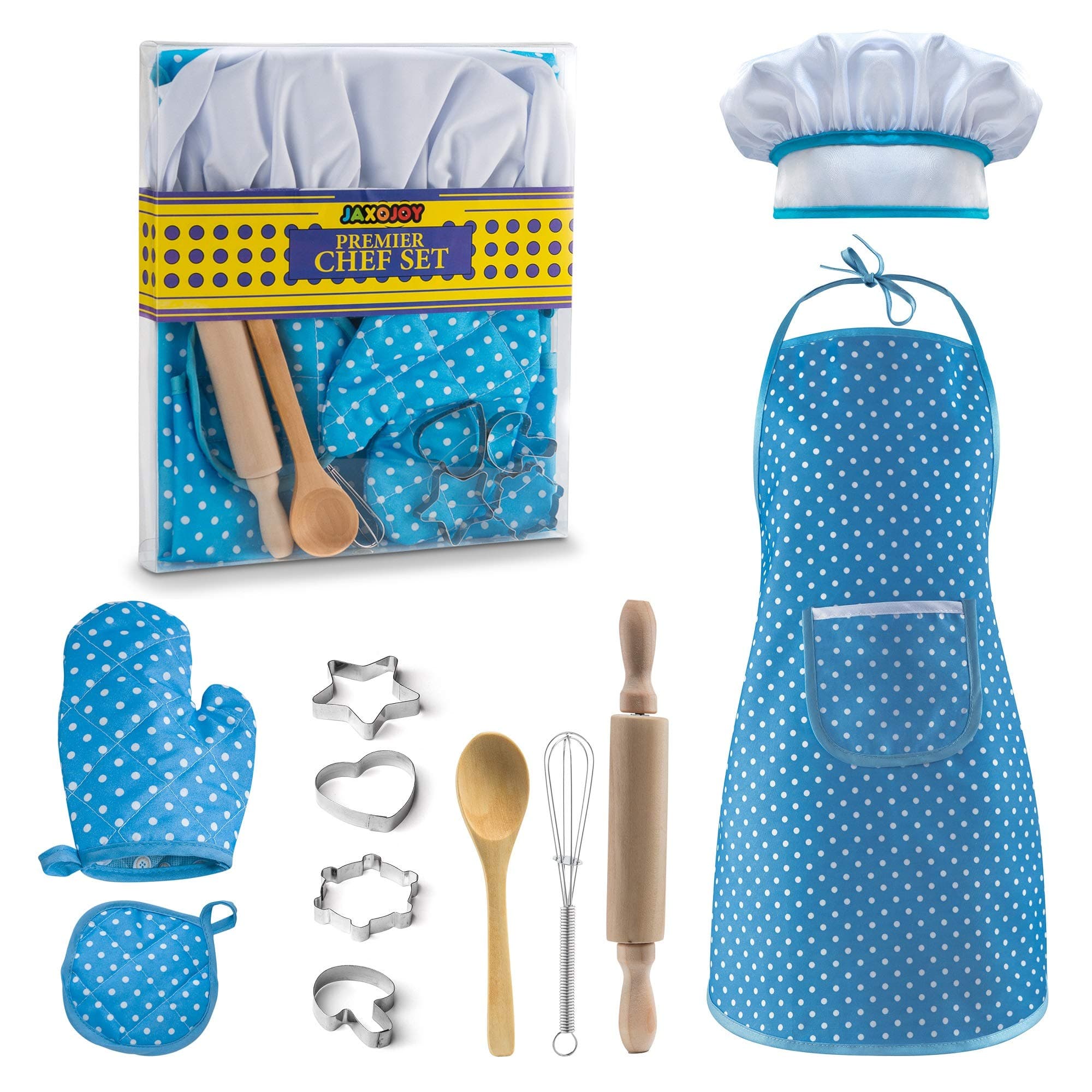 JaxoJoy Complete Kids Cooking and Baking Set - 11 Pcs Includes Apron for Little Boys, Chef Hat, Mitt & Utensil for Toddler Dress Up Chef Costume Career Role Play for 3 Year Old Boys and