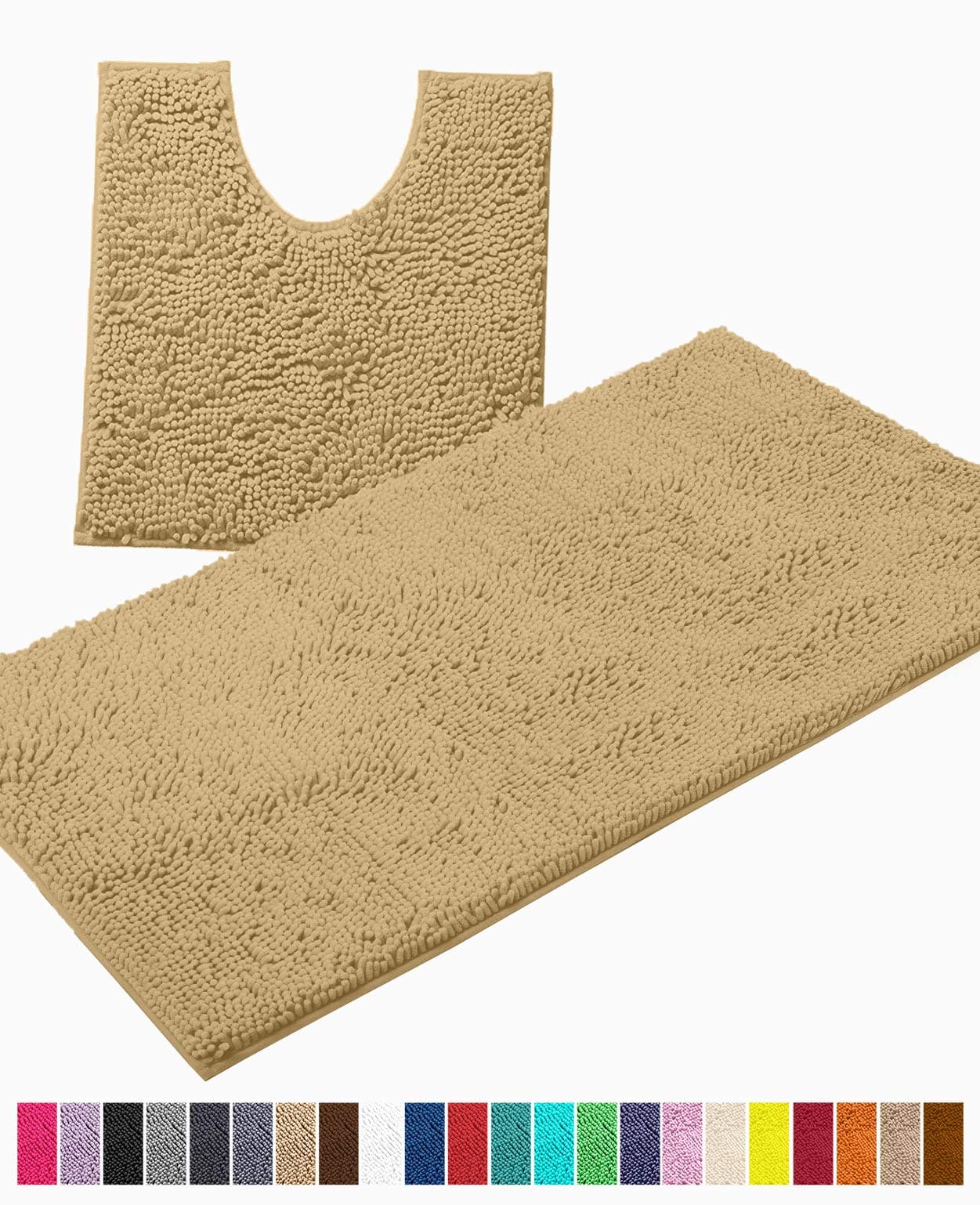 LuxUrux Bathroom Rugs Luxury Chenille 2-Piece Bath Mat Set, Soft Plush Anti-Slip Bath Rug +Toilet Mat.1'' Microfiber Shaggy Carpet, Super Absorbent Machine Washable Bath Mats (Curved Set Large, Beige)