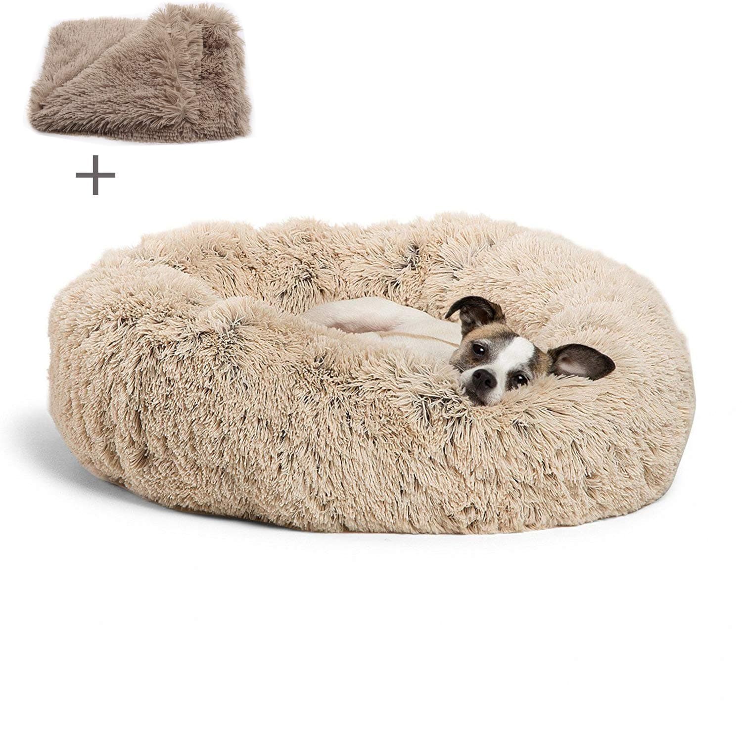 Round Pet bed, Plush Soft Washable Self-Warming Calming Dog Bed Donut Cuddler Round Dog Bed Comfortable for Sleeping Winter (70cm, Beige)