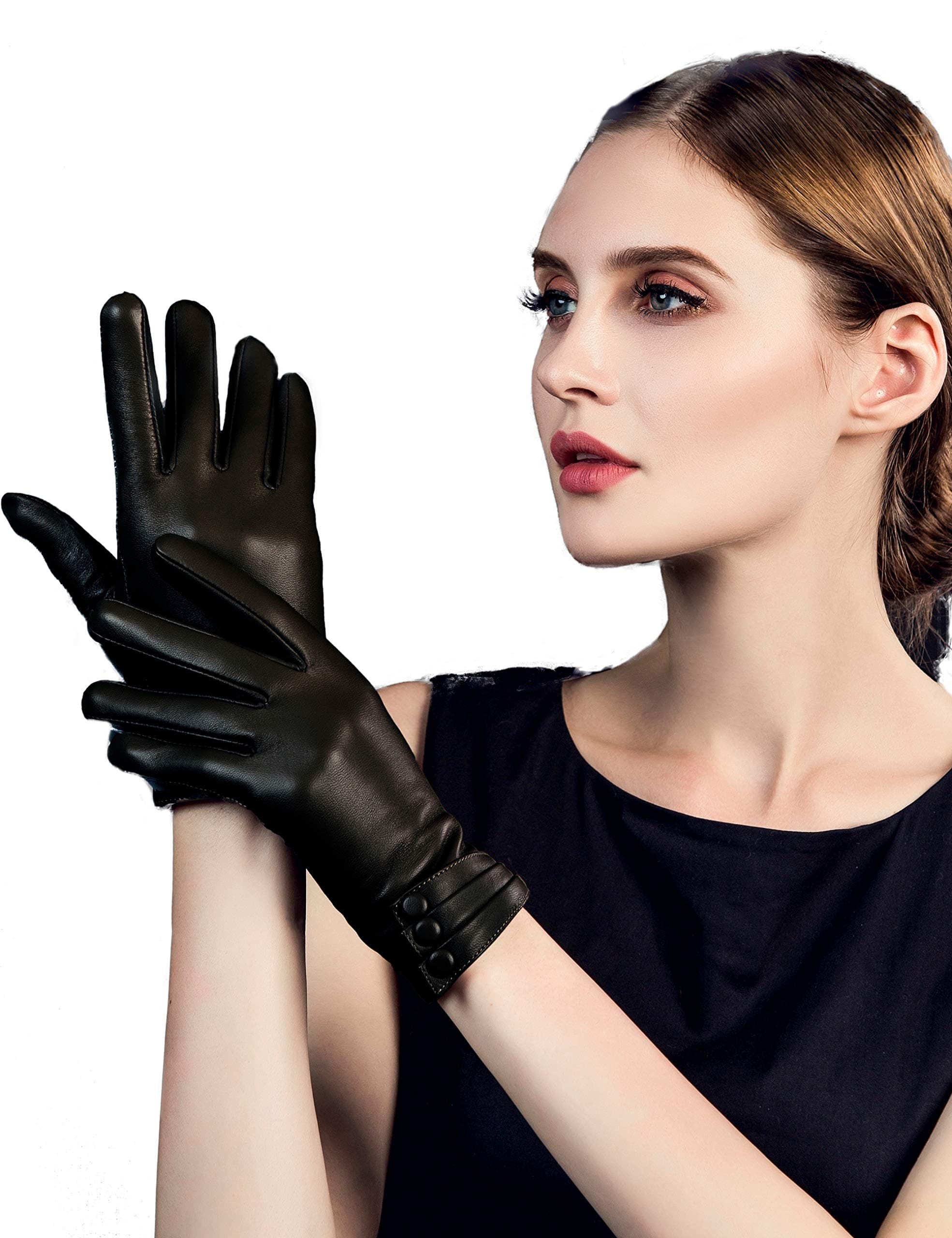 YISEVEN Womens Winter Driving Touchscreen Leather Gloves Wool Lined Buttoned Cuff