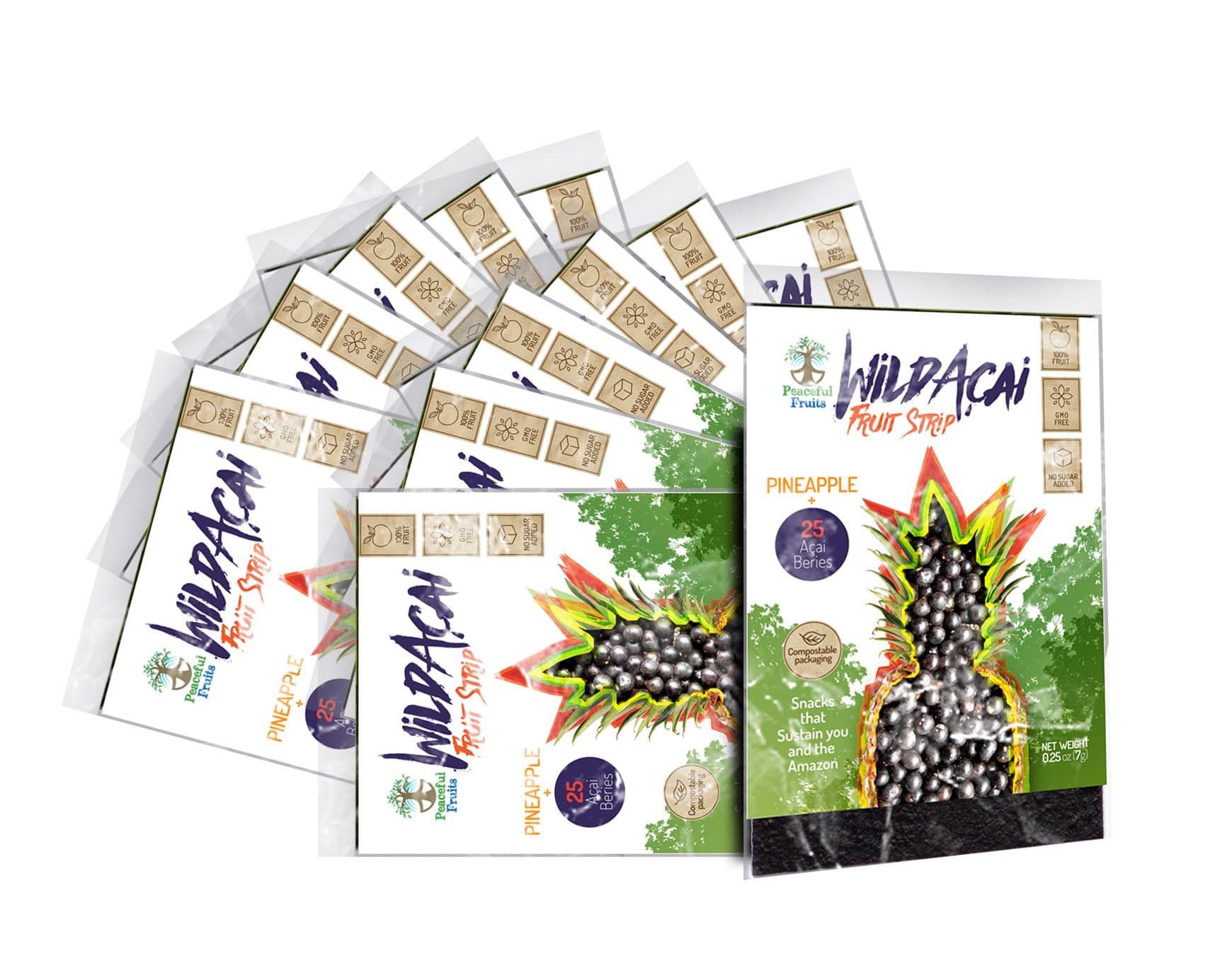 Peaceful Fruits 100% Fruit Wild Acai Super-fruit Strips with Pineapple (pack of 12 snacks)