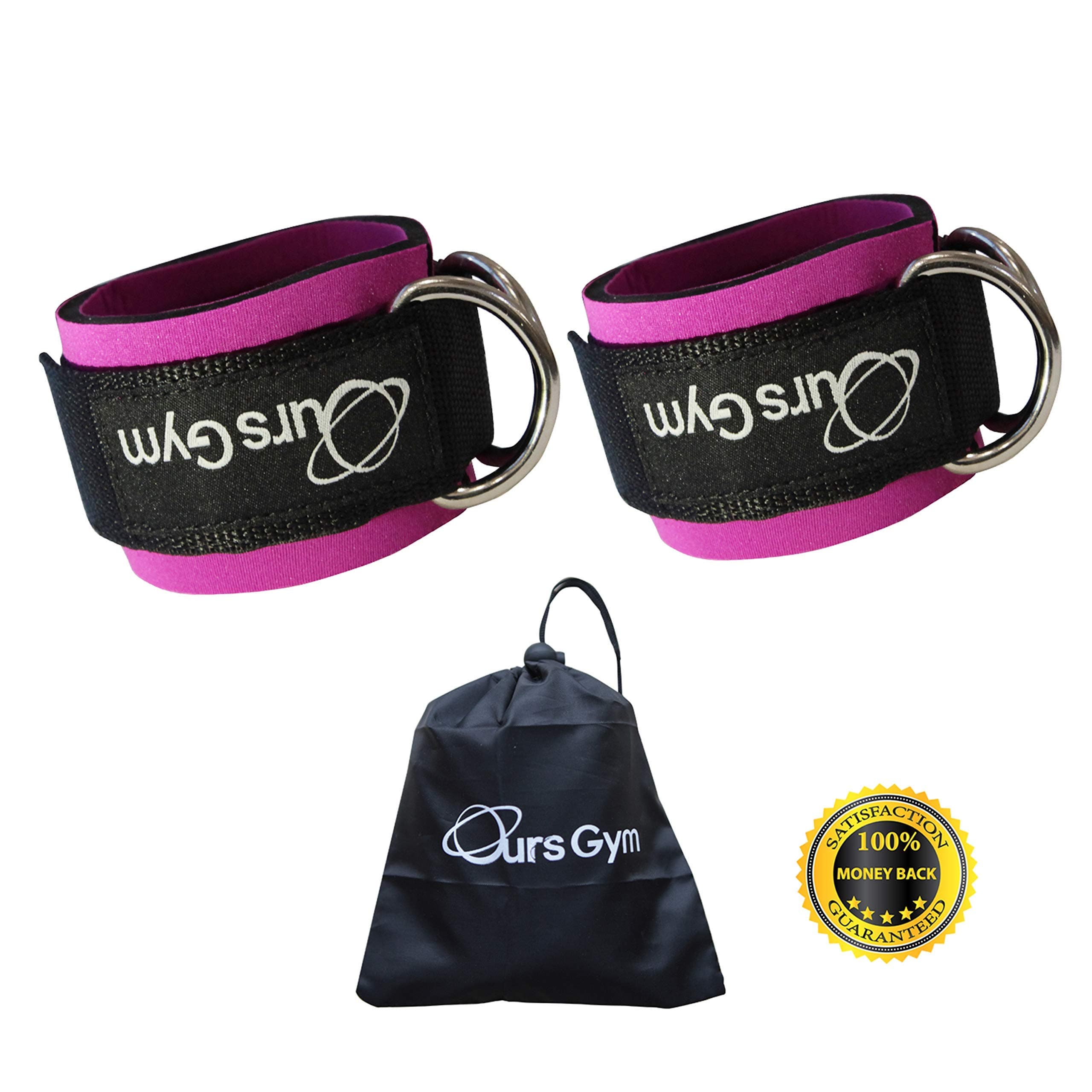 OursGym Ankle Straps for Cable Machines Resistance Bands (Pack of 2),Neoprene Padded Ankle cuffs Weight lifting Leg Gym Workout - Double D-Ring (Free Carry Case Included)