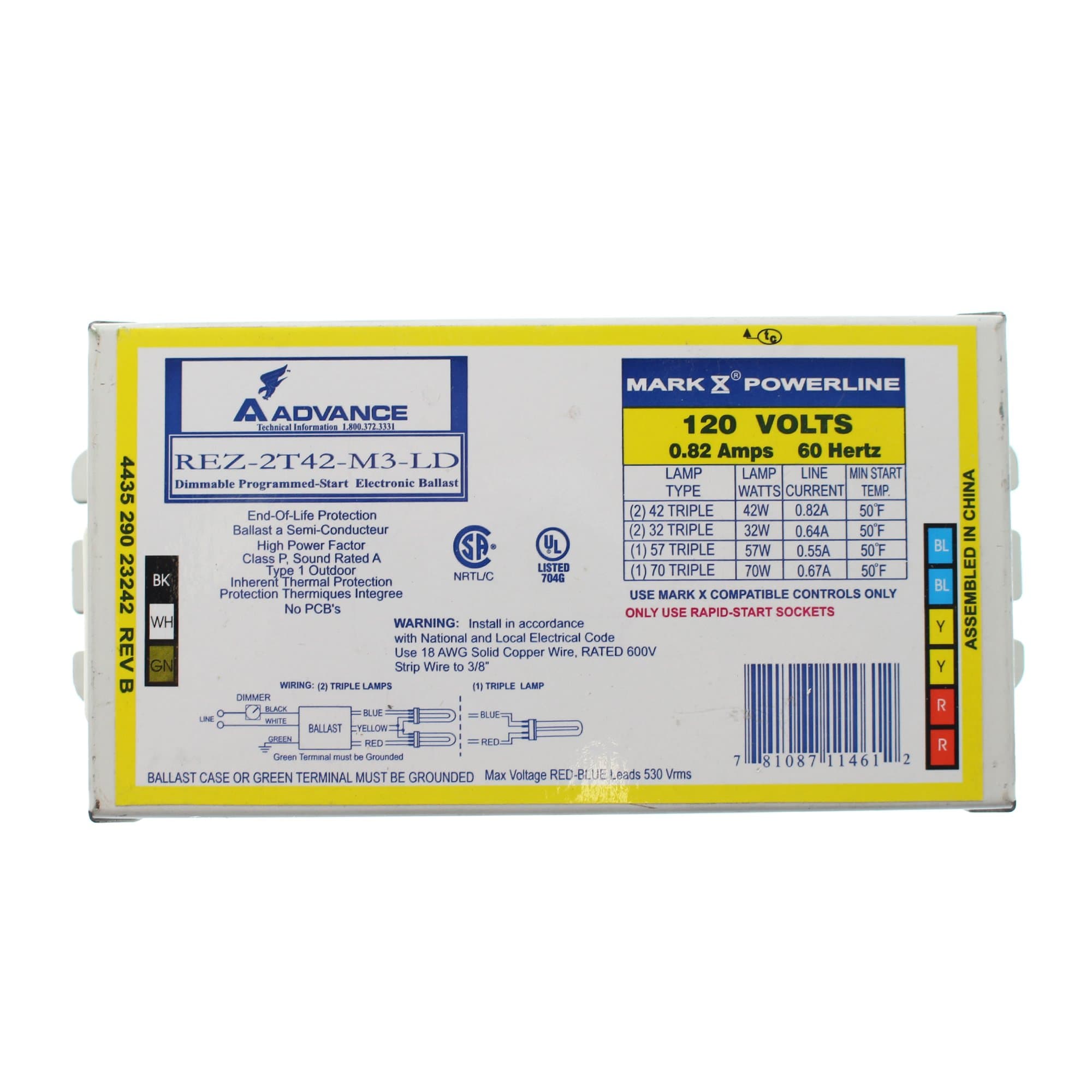 Advance REZ-2T42-M3-LD Dimmable CFL Ballast, 2-Lamp, 42W Triple, 120V