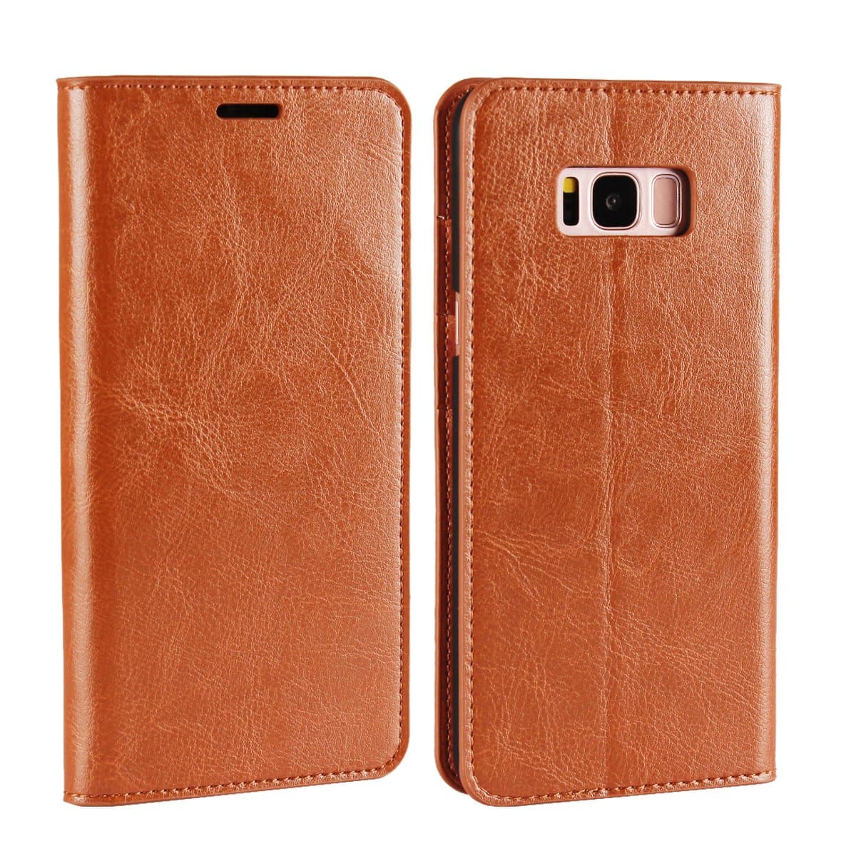 Samsung Galaxy S8 Case, Cavor Crazy Horse Pattern Genuine Leather Case [Wallet Function] Flip Stand Cover Card Slot for Samsung Galaxy S8(Light Brown)