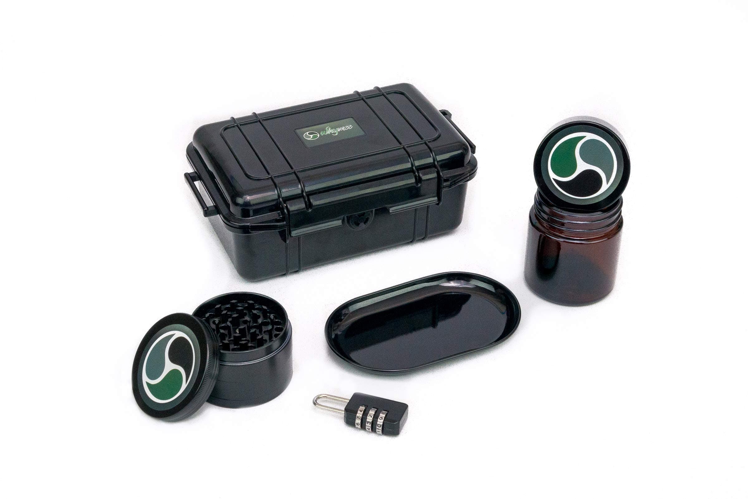 Whymee-Smell Proof Stash Box 5 Piece Kit-Airtight Storage Jar Container, Smokers Rolling Tray, Herb Grinder, Combination Lock