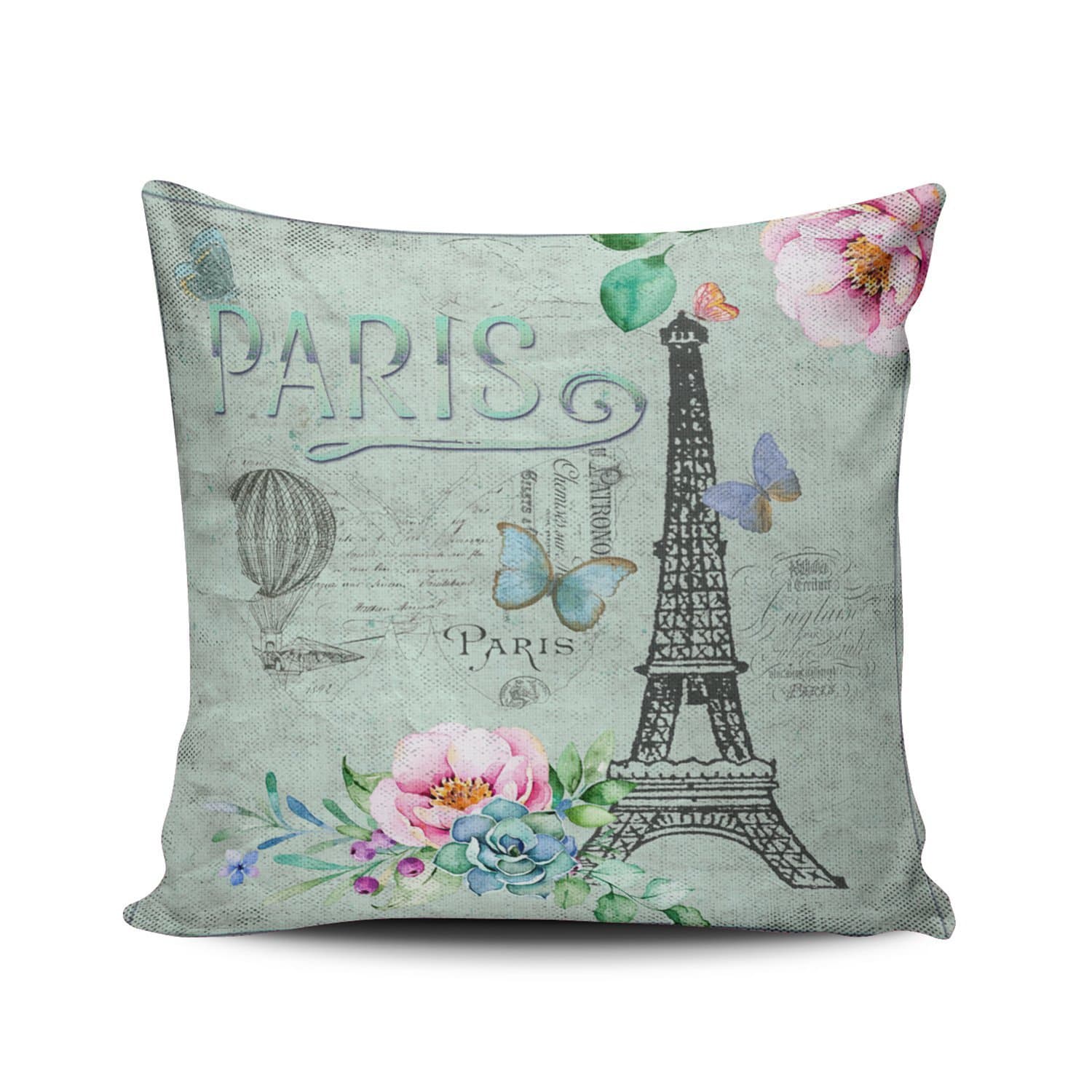 XIUBA Throw Pillow Covers Case Pink and Green Paris Eiffel Tower Flower Floral Vintage Roses Outdoor Decorative Pillowcase Cushion Cover 20 x 20 inch Square Size One Side Design Printed